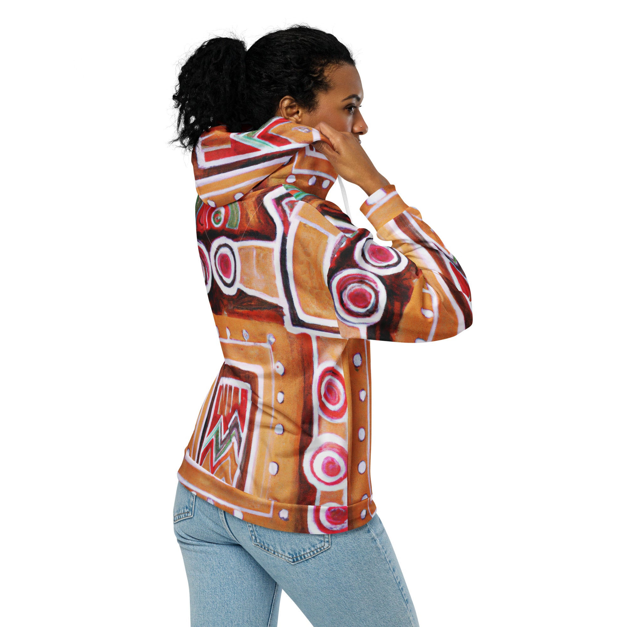 Womens Graphic Zip Hoodie featuring a Brown, Orange, and Green Aztec Pattern, showcasing its soft fabric and relaxed fit.