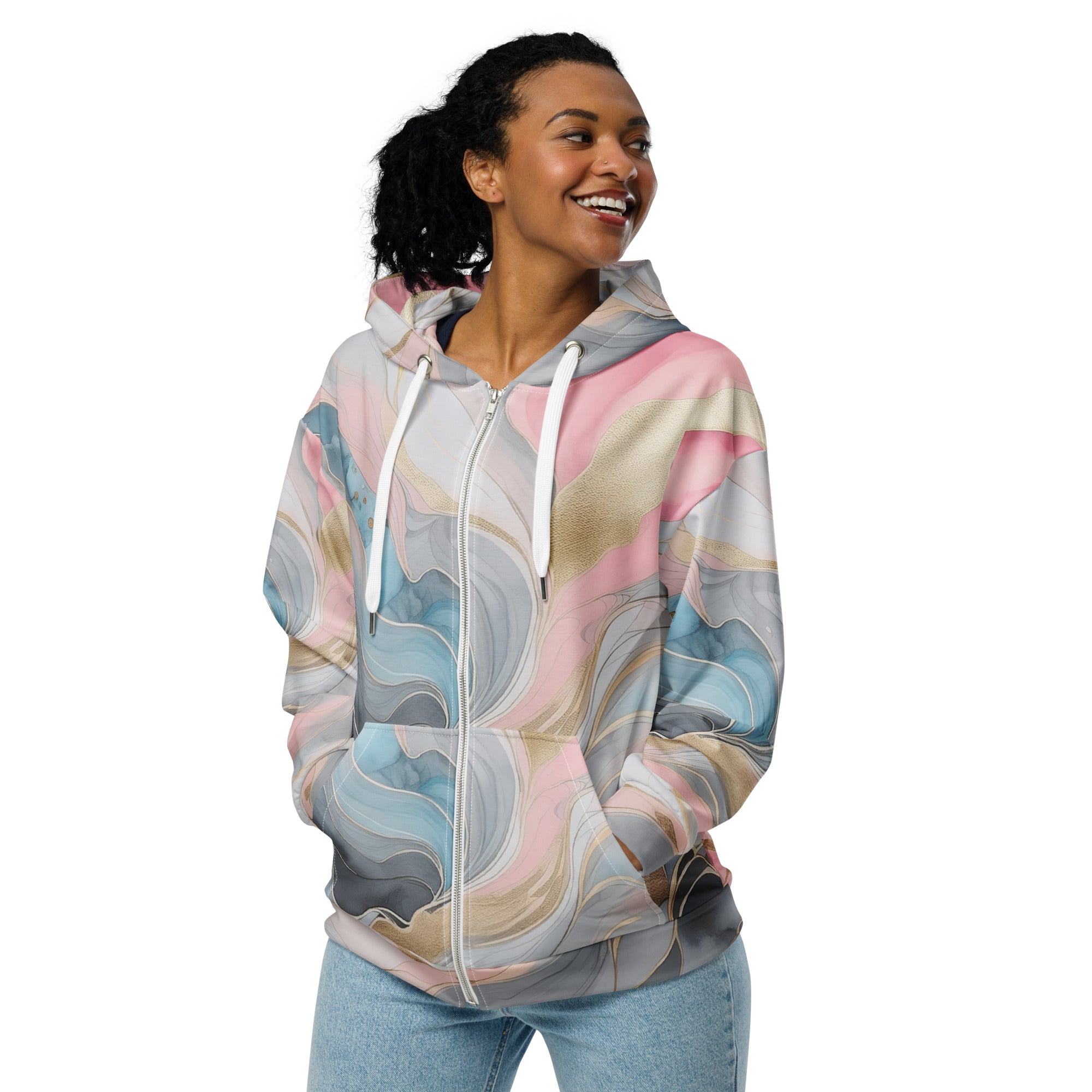 Womens Graphic Zip Hoodie in Marble Cloud of Grey Pink Blue, featuring a relaxed fit and double-lined hood.