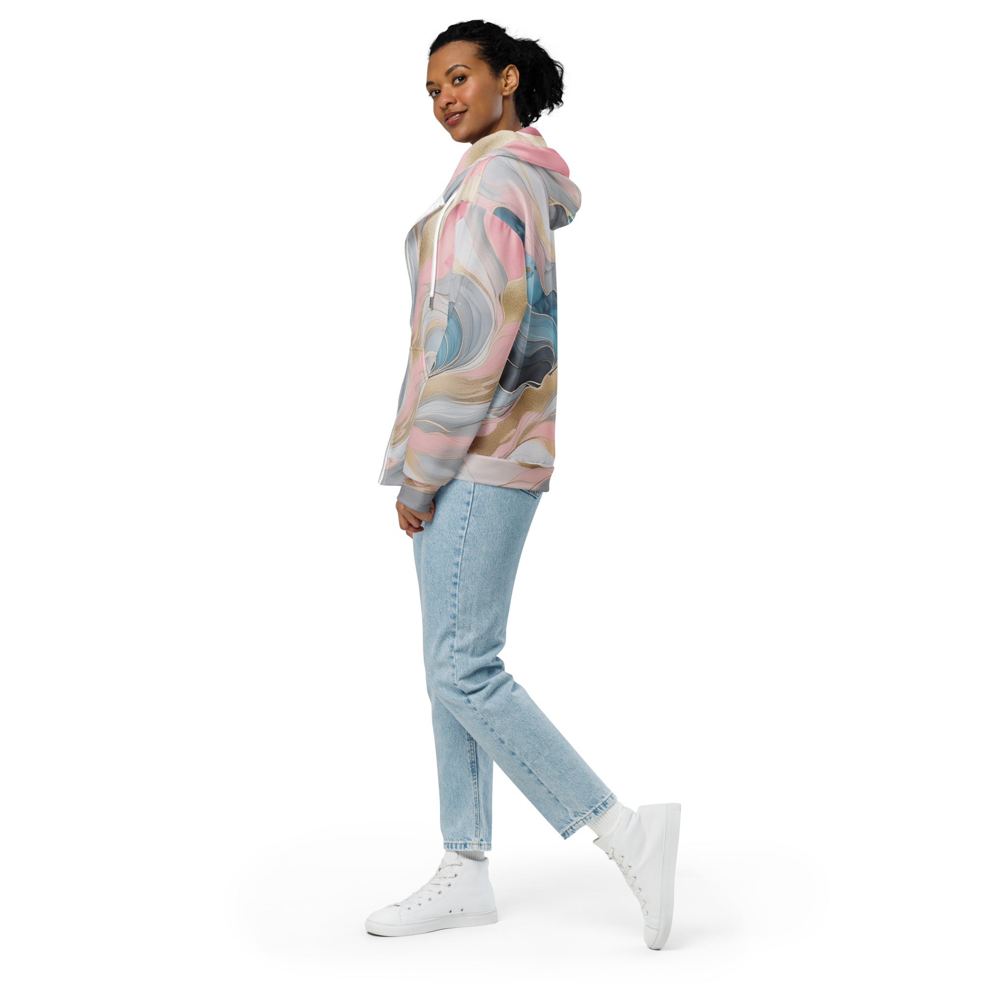 Womens Graphic Zip Hoodie in Marble Cloud of Grey Pink Blue, featuring a relaxed fit and double-lined hood.