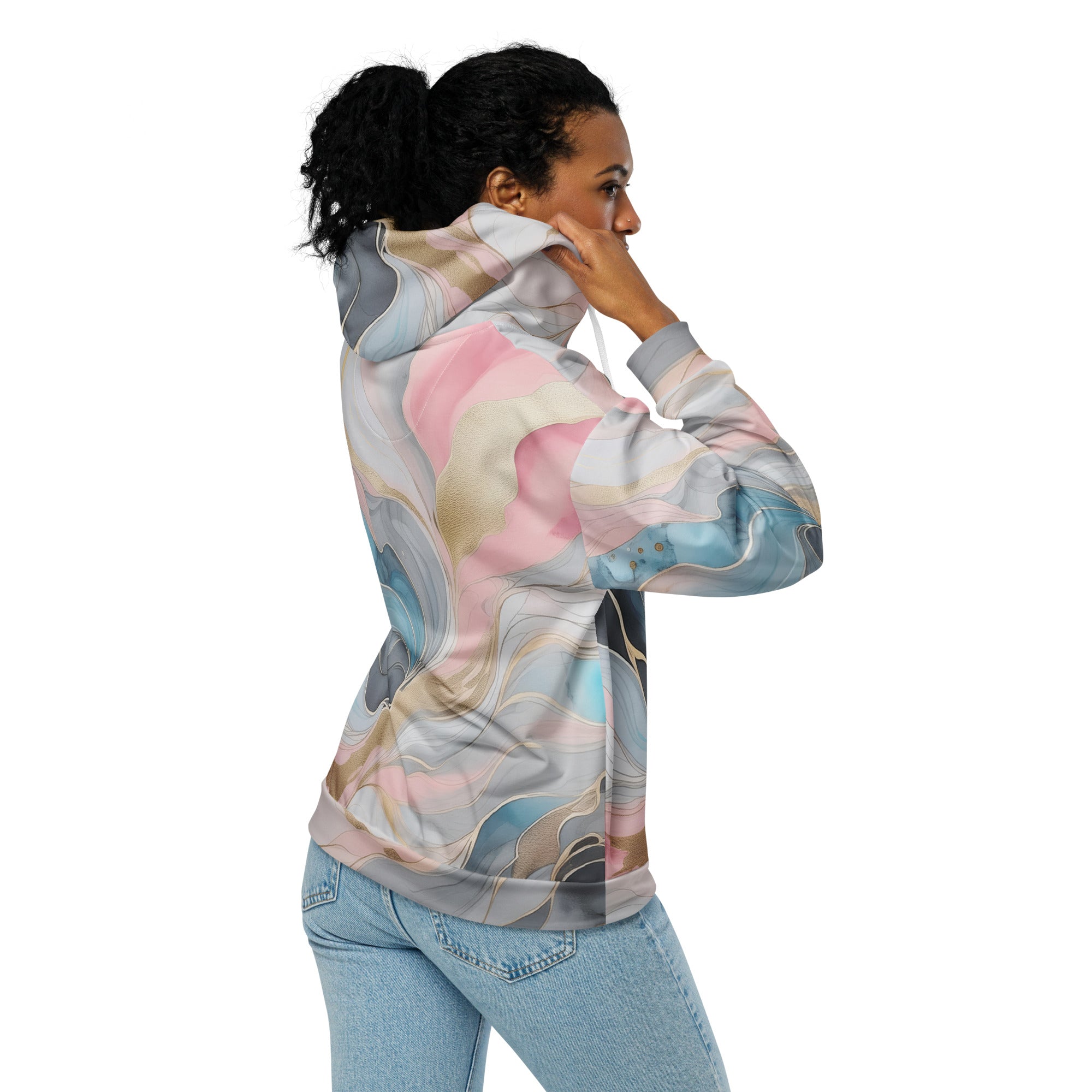 Womens Graphic Zip Hoodie in Marble Cloud of Grey Pink Blue, featuring a relaxed fit and double-lined hood.