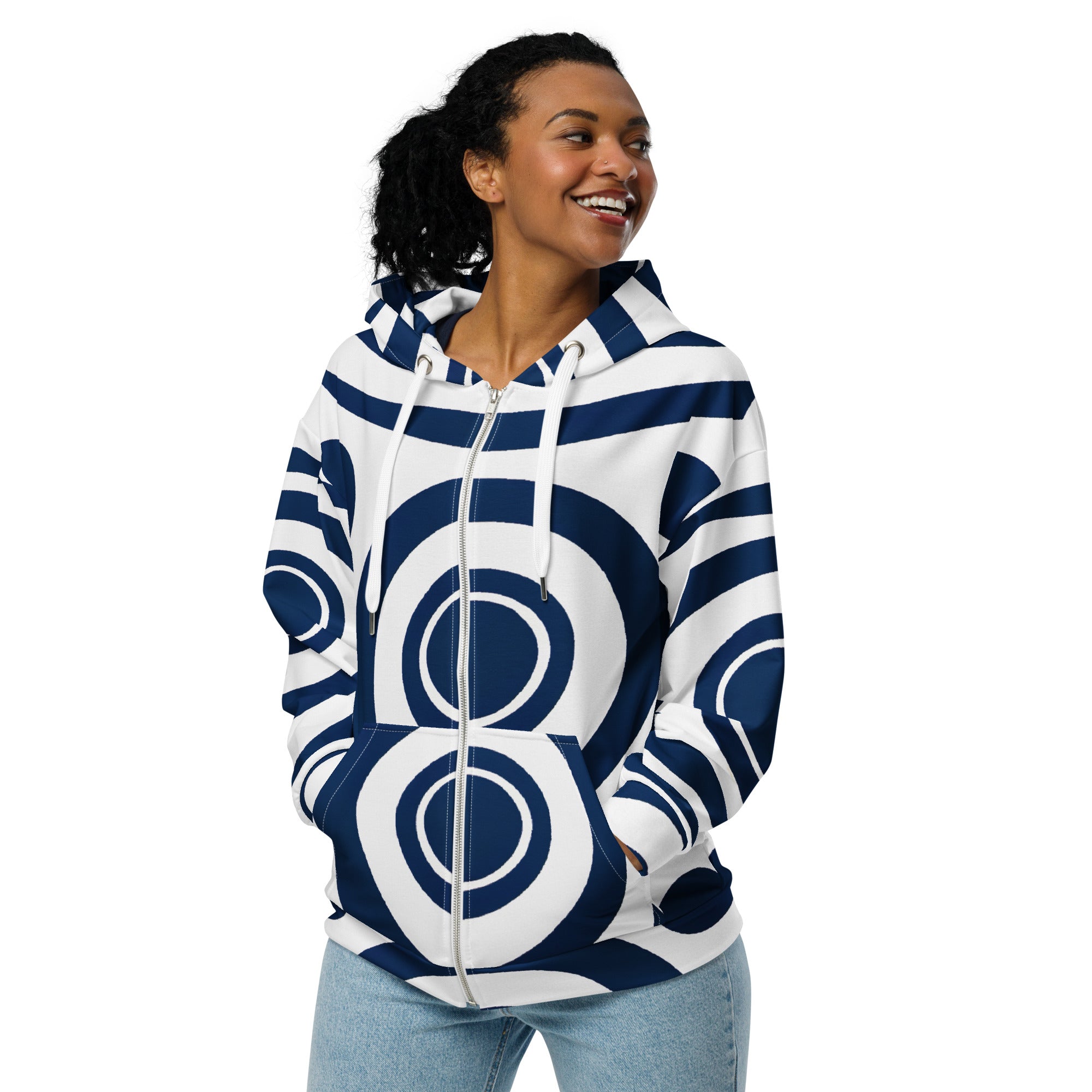 Womens Graphic Zip Hoodie in navy blue featuring a white circular pattern, showcasing a relaxed fit and double-lined hood.