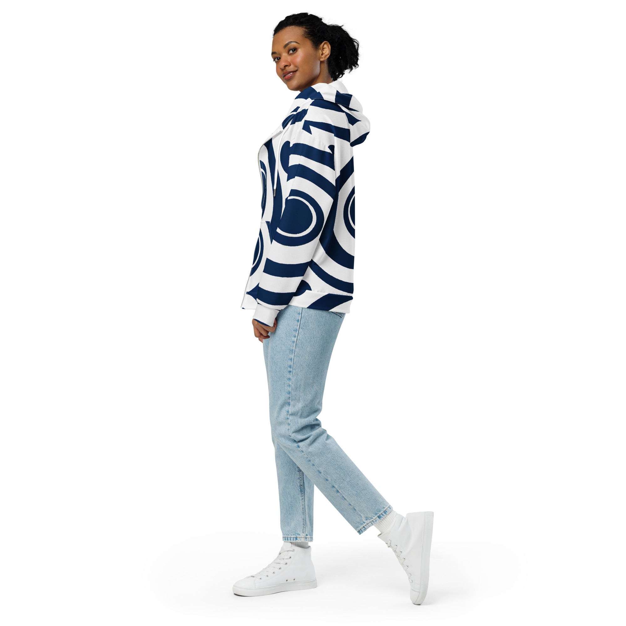 Womens Graphic Zip Hoodie in navy blue featuring a white circular pattern, showcasing a relaxed fit and double-lined hood.