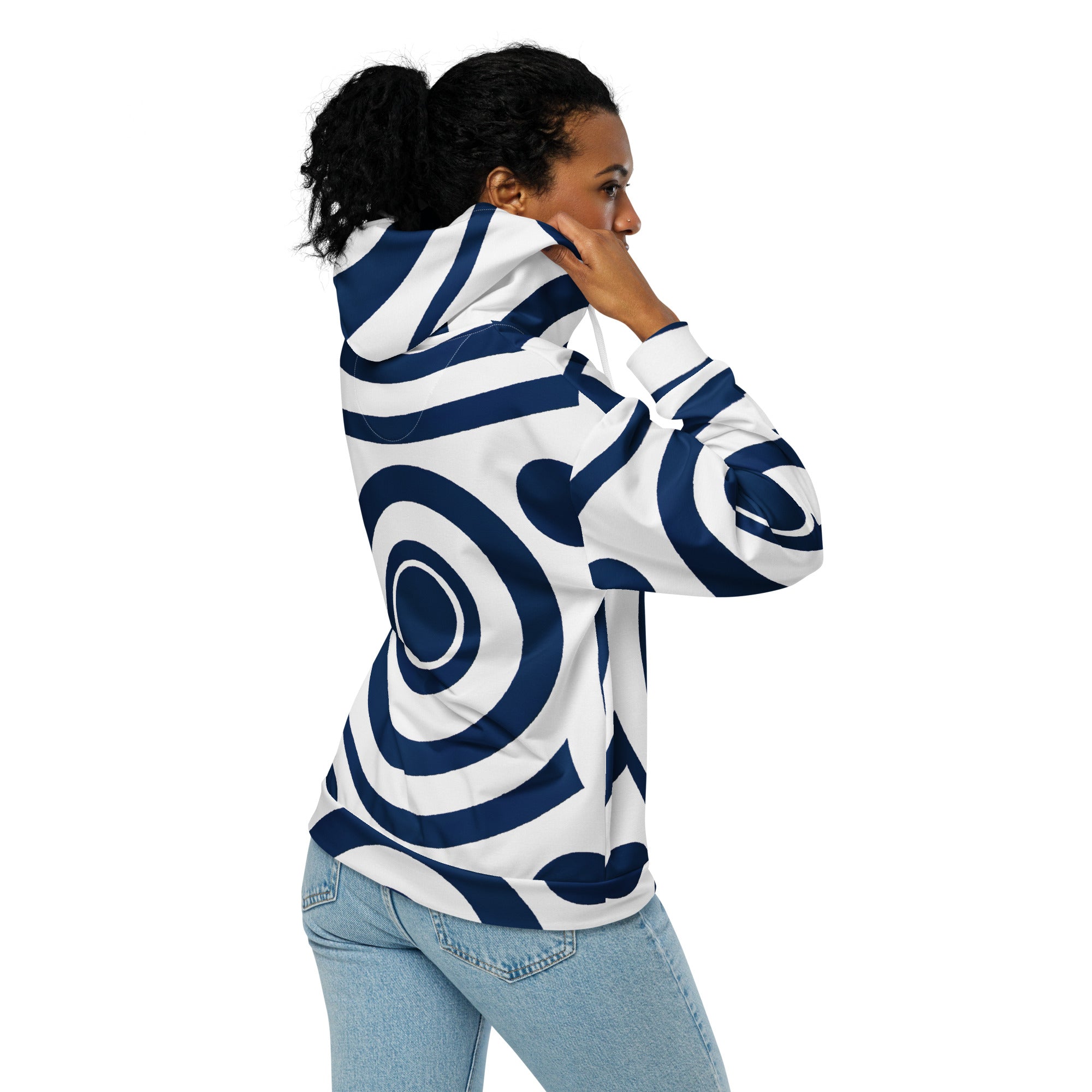 Womens Graphic Zip Hoodie in navy blue featuring a white circular pattern, showcasing a relaxed fit and double-lined hood.