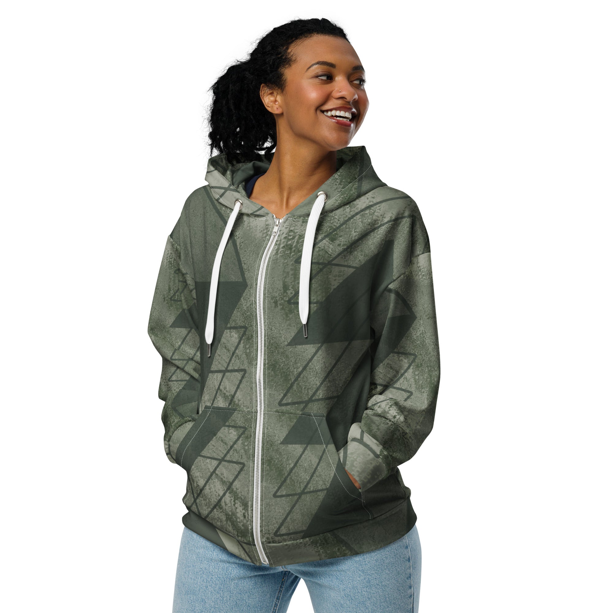 Womens Graphic Zip Hoodie in Olive Green featuring a triangular colorblock design, showcasing its soft fabric and relaxed fit.