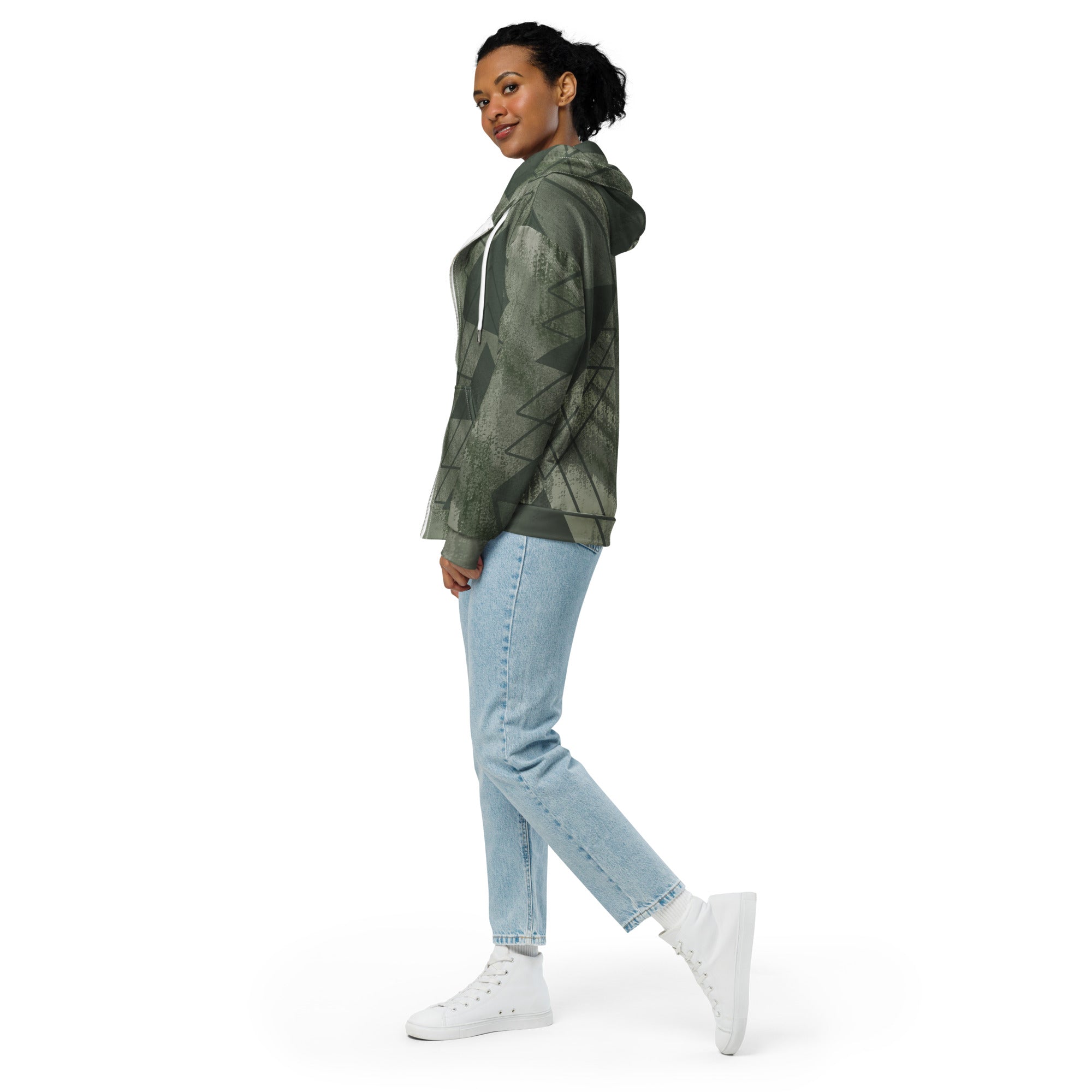 Womens Graphic Zip Hoodie in Olive Green featuring a triangular colorblock design, showcasing its soft fabric and relaxed fit.