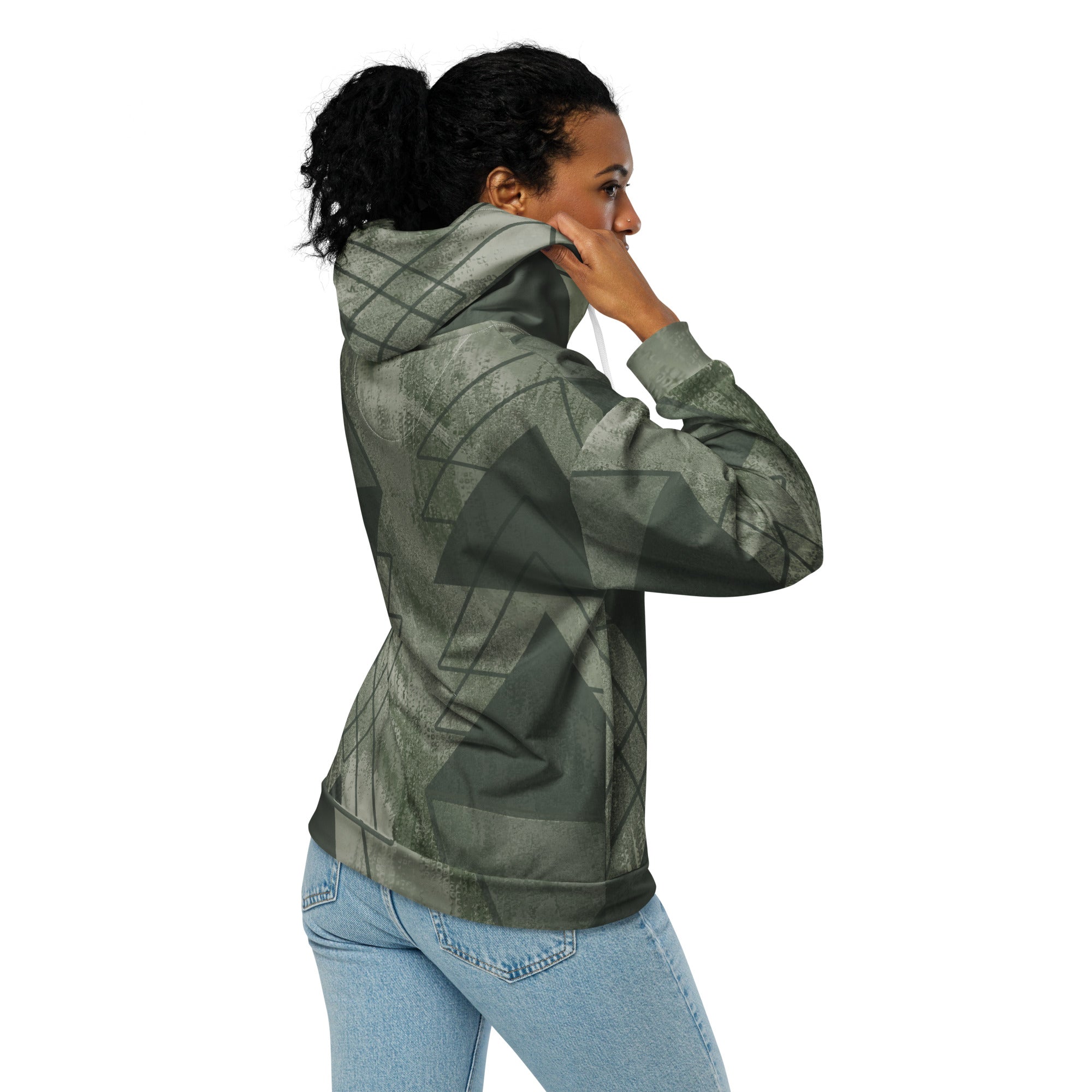 Womens Graphic Zip Hoodie in Olive Green featuring a triangular colorblock design, showcasing its soft fabric and relaxed fit.