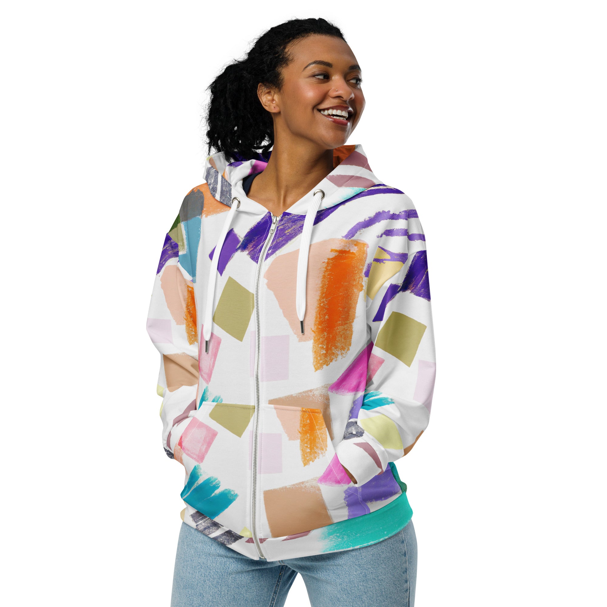 Womens Graphic Zip Hoodie featuring a pastel pattern, showcasing a relaxed fit with drop shoulders and a double-lined hood.