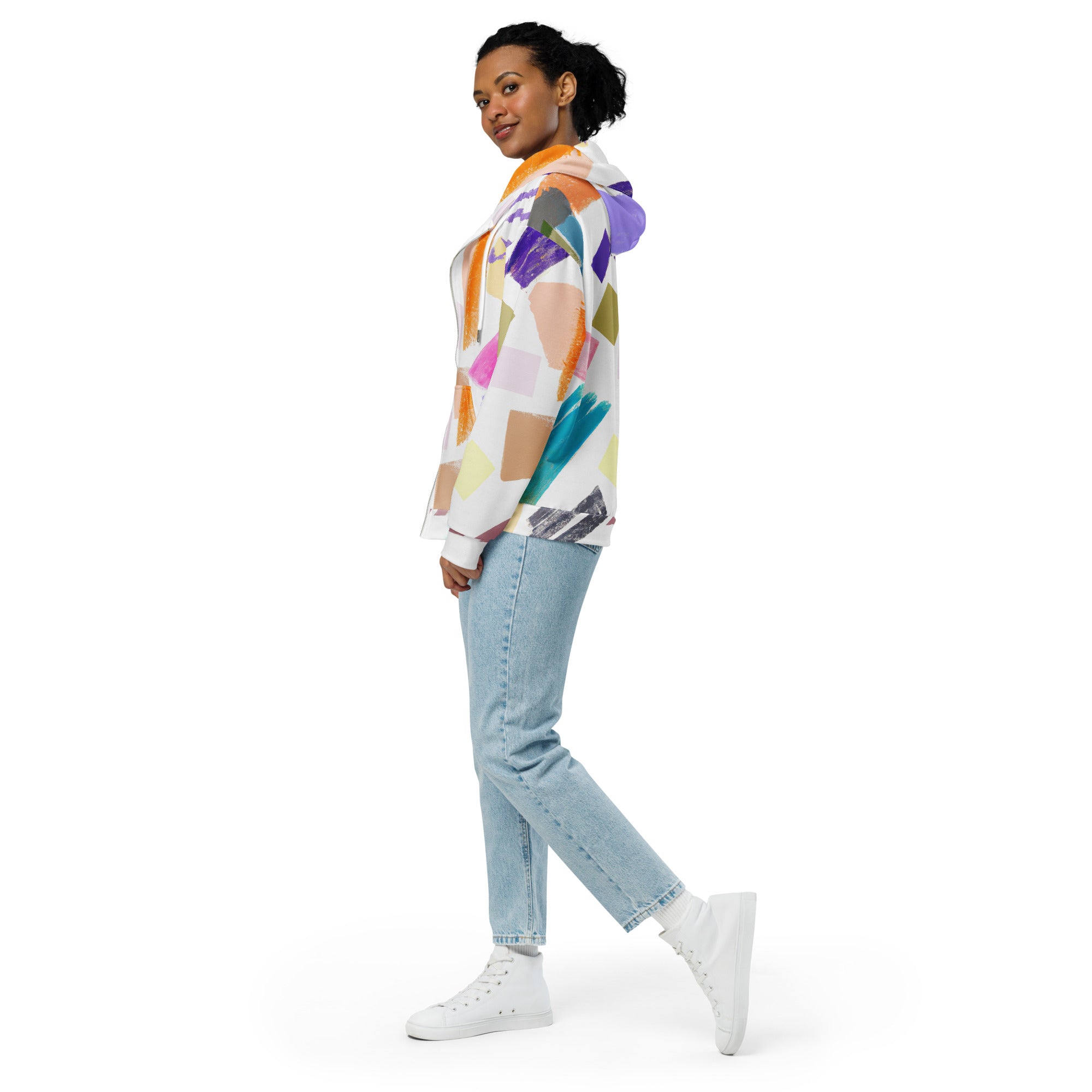 Womens Graphic Zip Hoodie featuring a pastel pattern, showcasing a relaxed fit with drop shoulders and a double-lined hood.