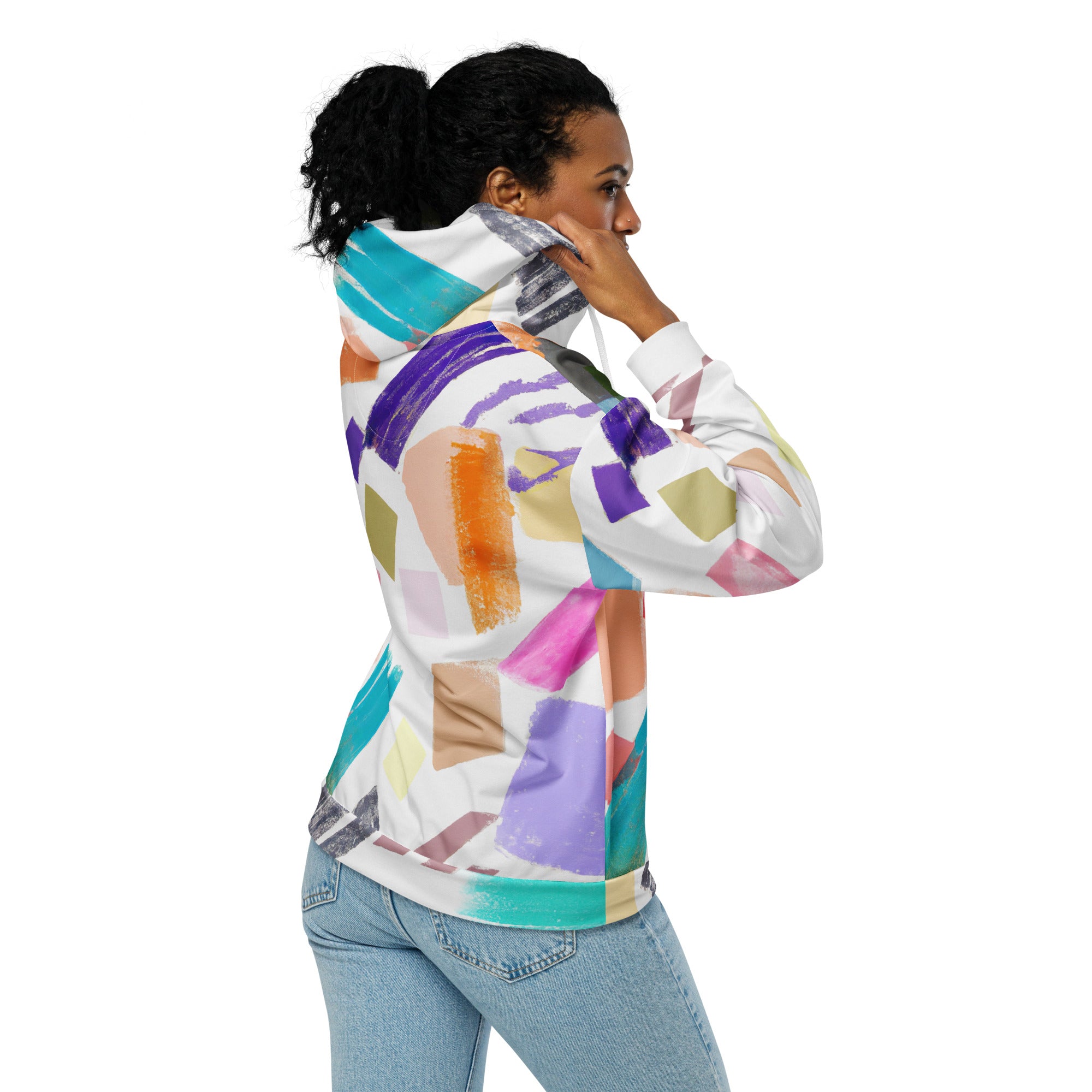 Womens Graphic Zip Hoodie featuring a pastel pattern, showcasing a relaxed fit with drop shoulders and a double-lined hood.