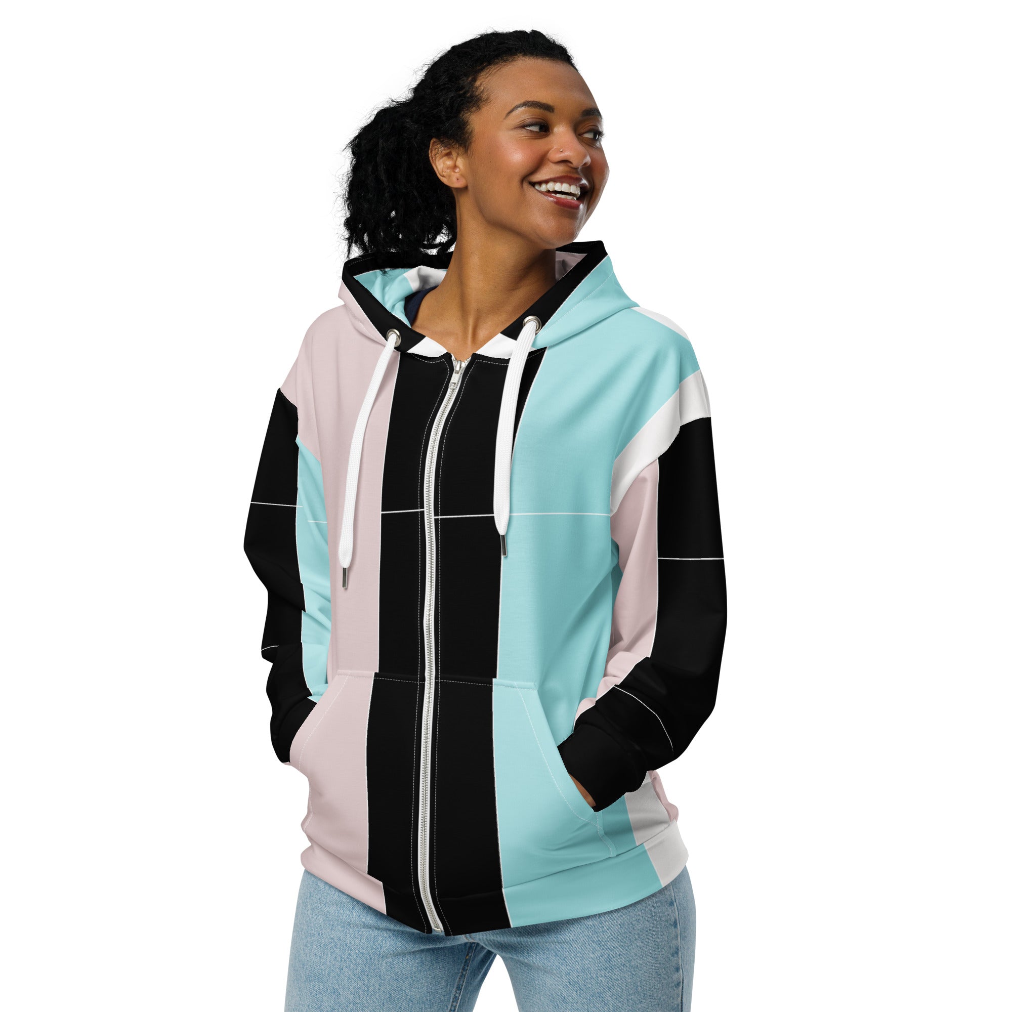 Women's Graphic Zip Hoodie in pastel pink, black, and blue colorblock design, featuring a zip closure and a cozy brushed fleece lining.