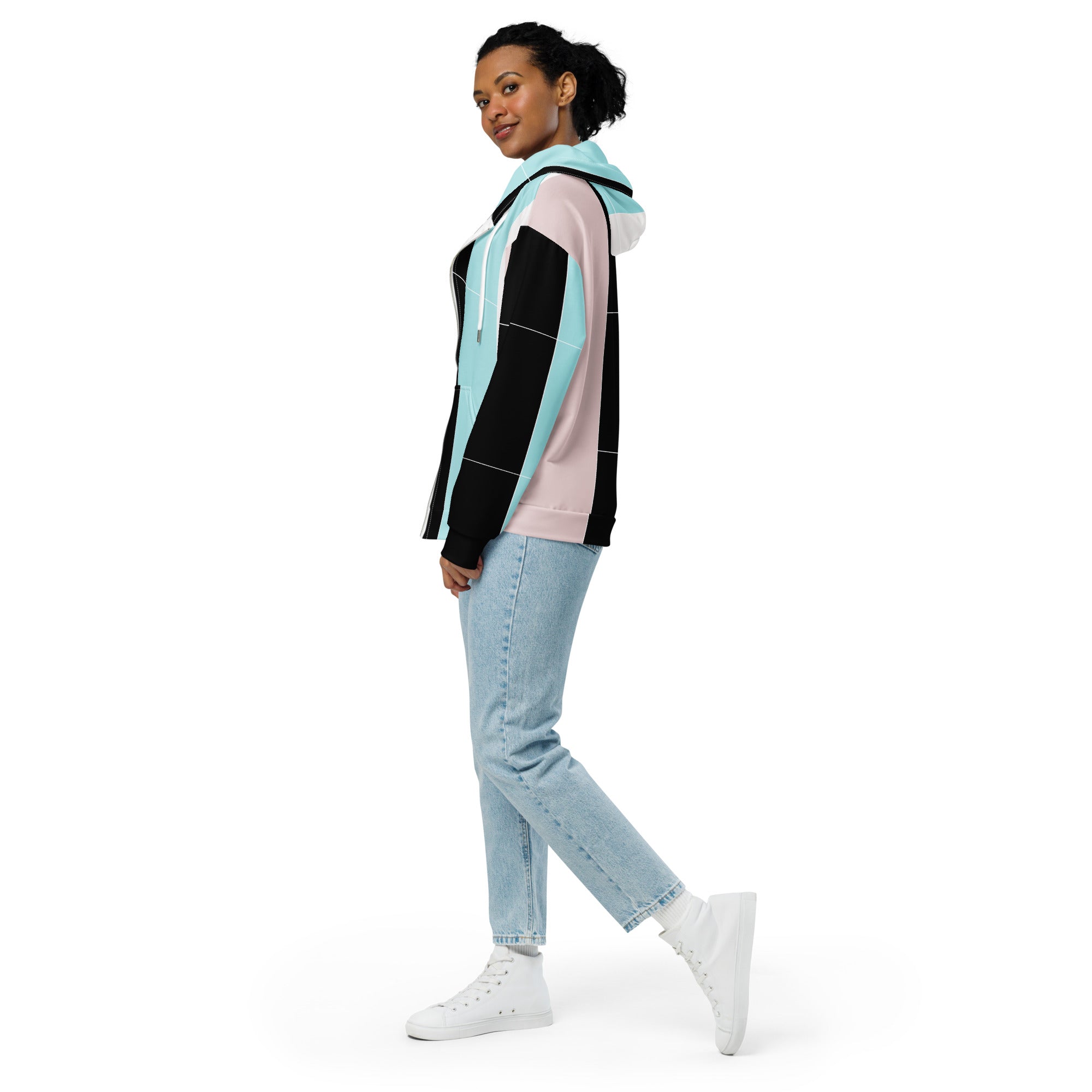 Women's Graphic Zip Hoodie in pastel pink, black, and blue colorblock design, featuring a zip closure and a cozy brushed fleece lining.