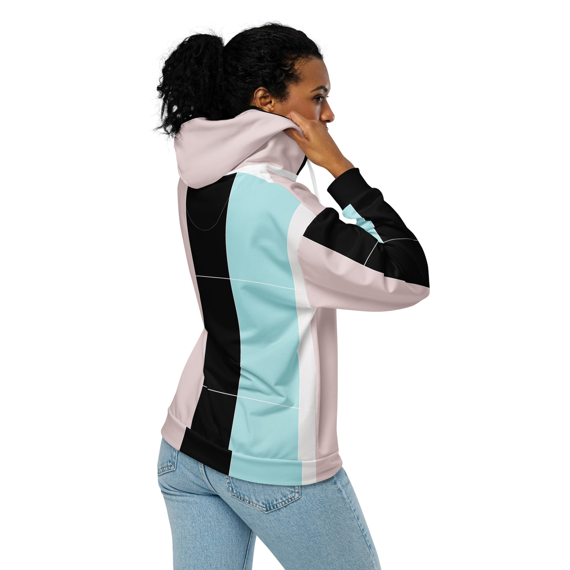 Women's Graphic Zip Hoodie in pastel pink, black, and blue colorblock design, featuring a zip closure and a cozy brushed fleece lining.