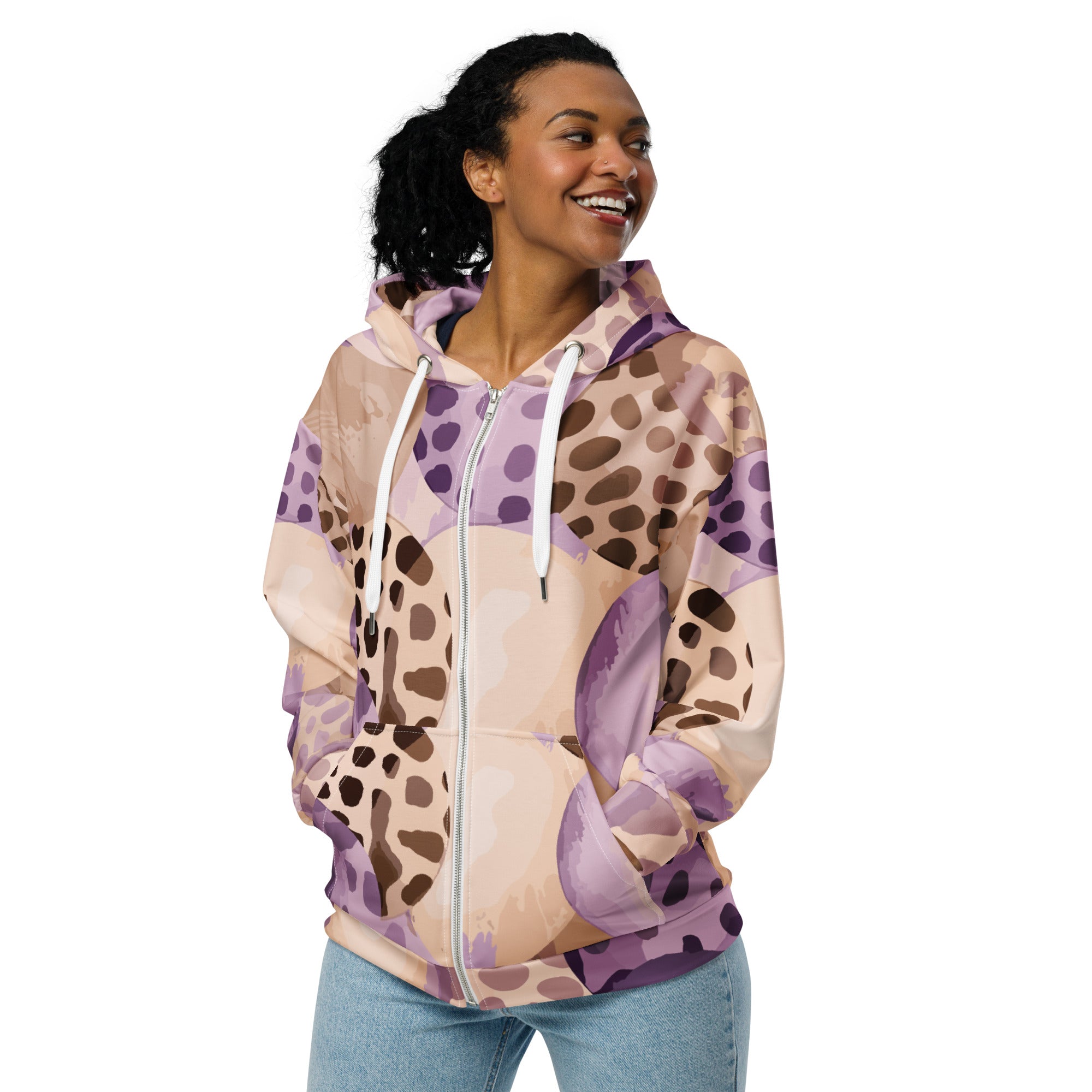 Women's Graphic Zip Hoodie in Purple Lavender with spotted print, featuring a zip closure and double-lined hood.
