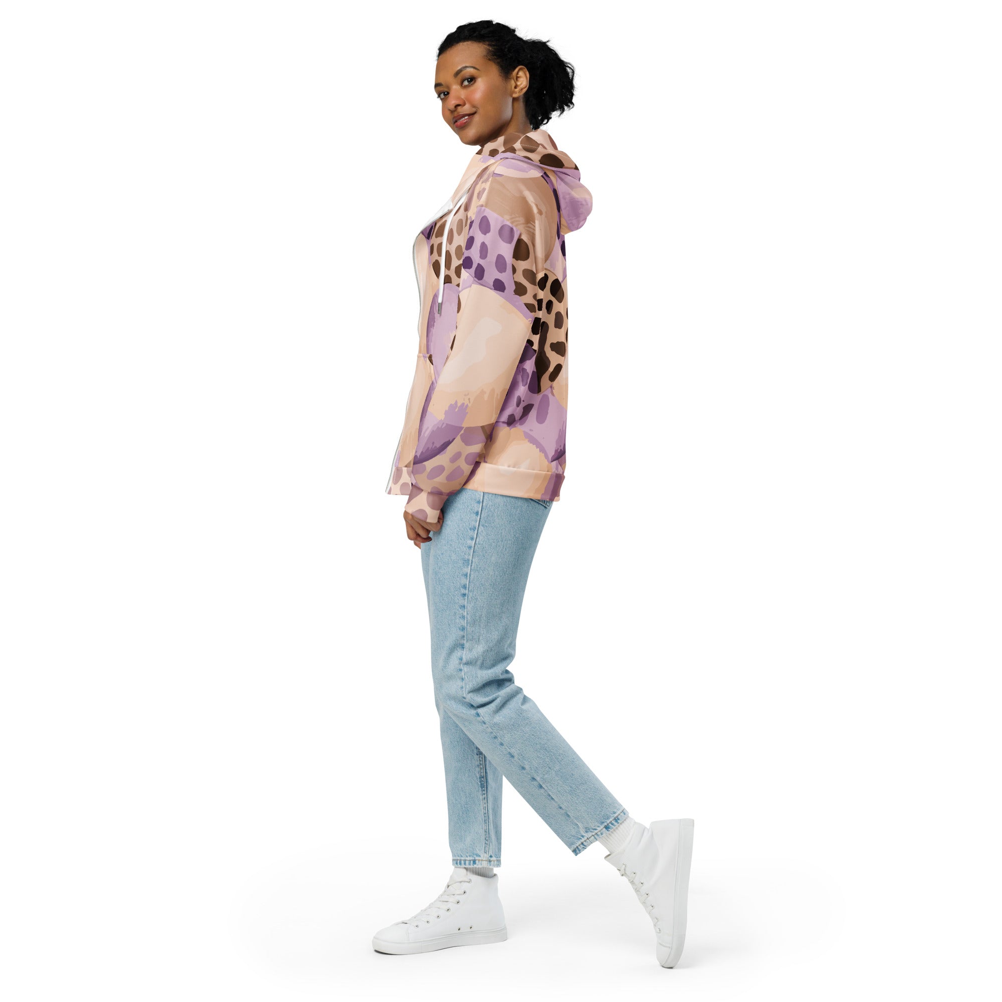 Women's Graphic Zip Hoodie in Purple Lavender with spotted print, featuring a zip closure and double-lined hood.