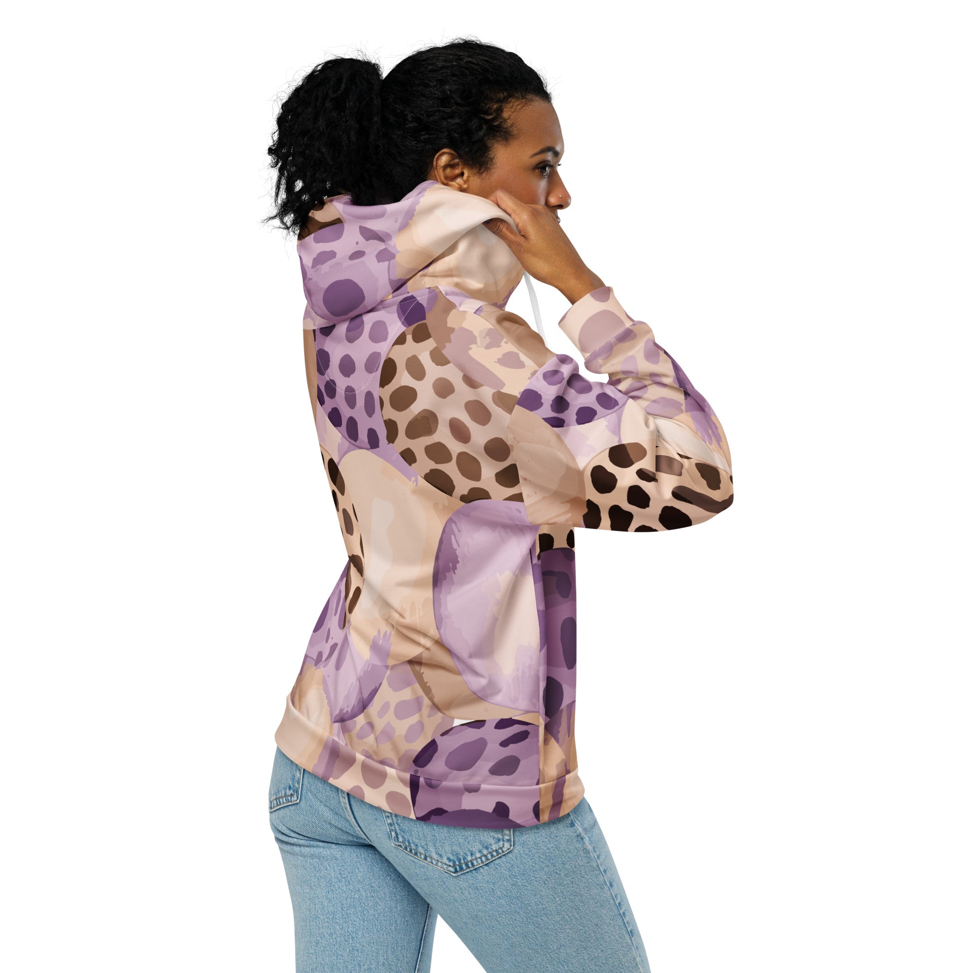 Women's Graphic Zip Hoodie in Purple Lavender with spotted print, featuring a zip closure and double-lined hood.