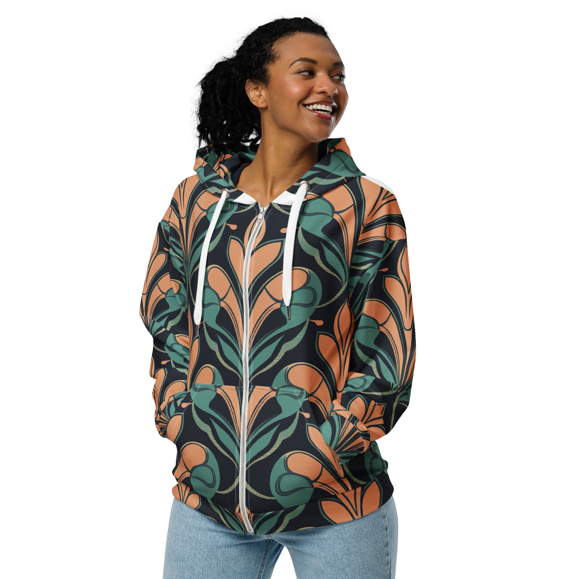 Women's Graphic Zip Hoodie featuring a retro vintage print, showcasing a relaxed fit with drop shoulders and a double-lined hood.