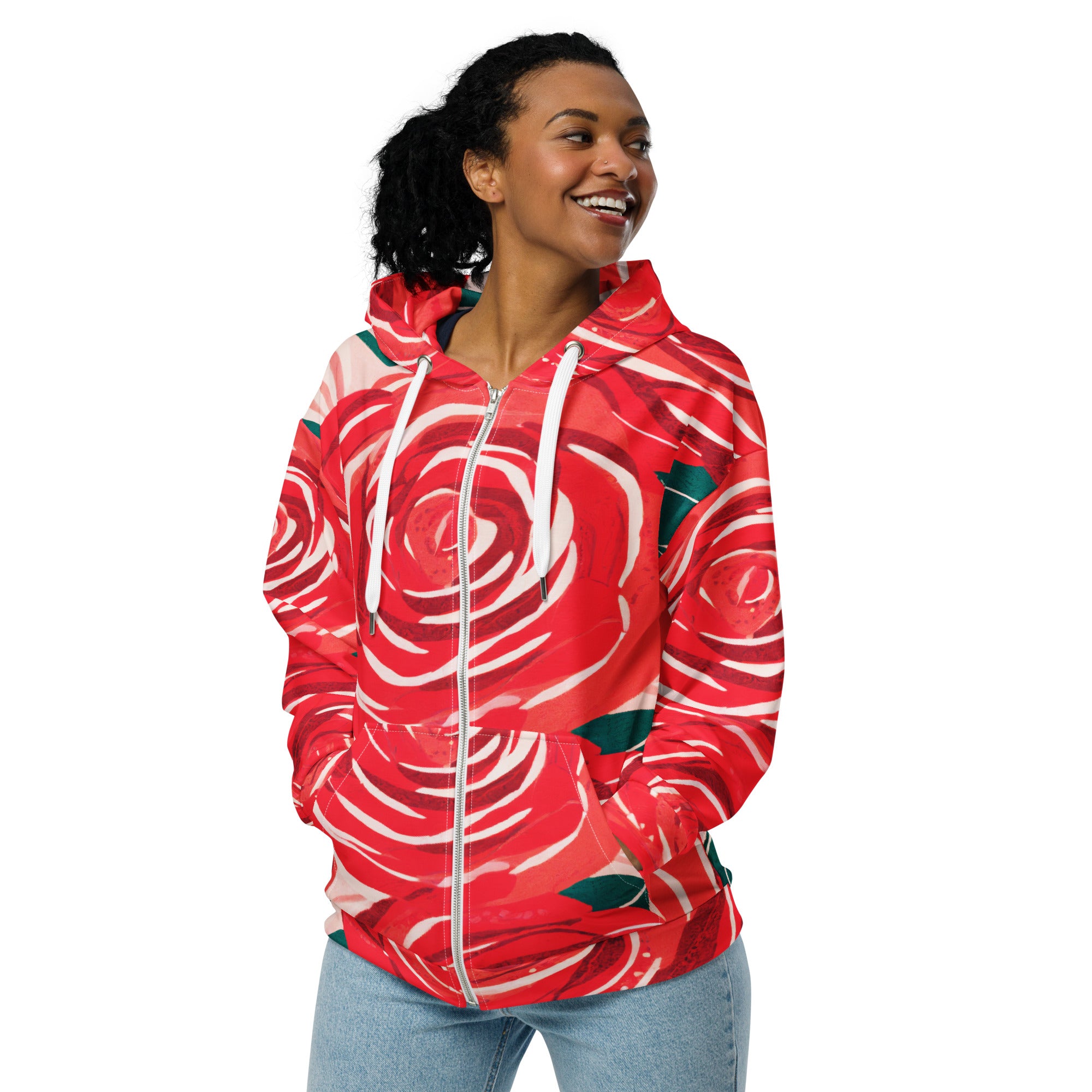 Womens Graphic Zip Hoodie in Rustic Red Roses featuring a soft fabric, double-lined hood, and stylish rose graphics.