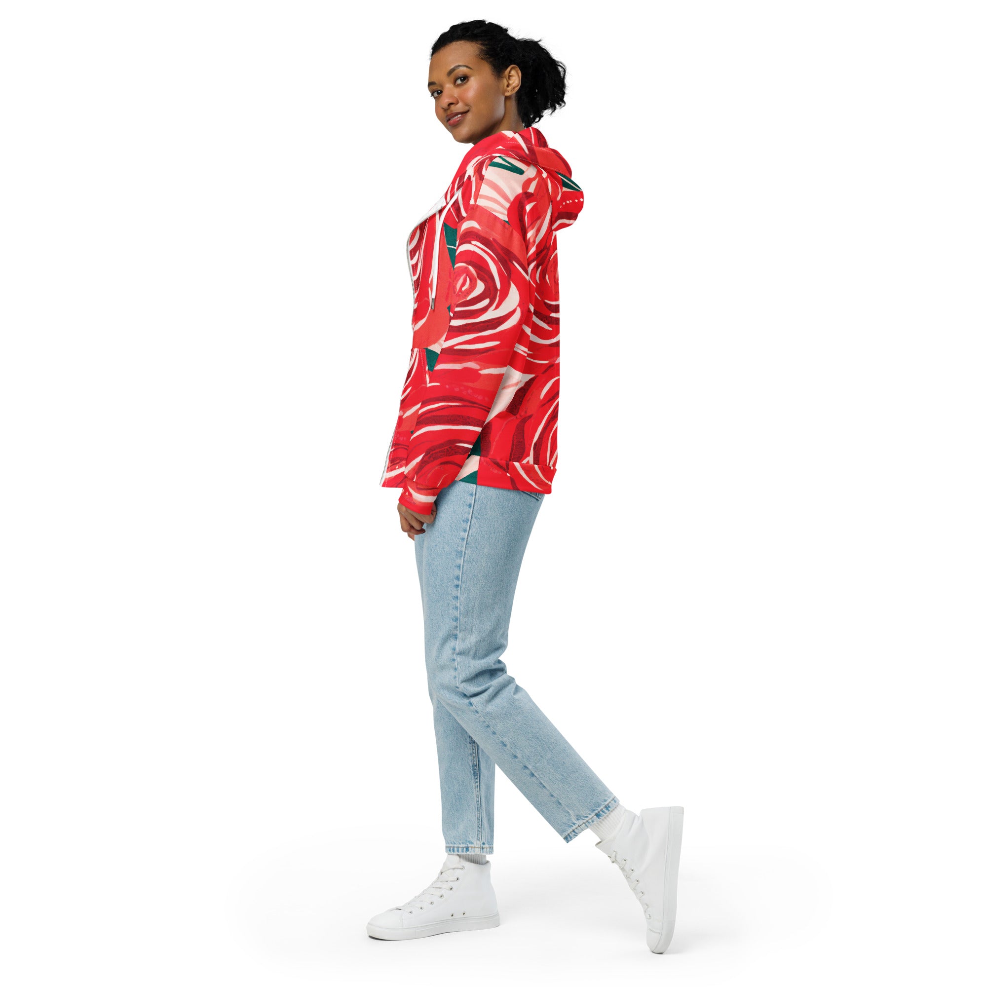 Womens Graphic Zip Hoodie in Rustic Red Roses featuring a soft fabric, double-lined hood, and stylish rose graphics.