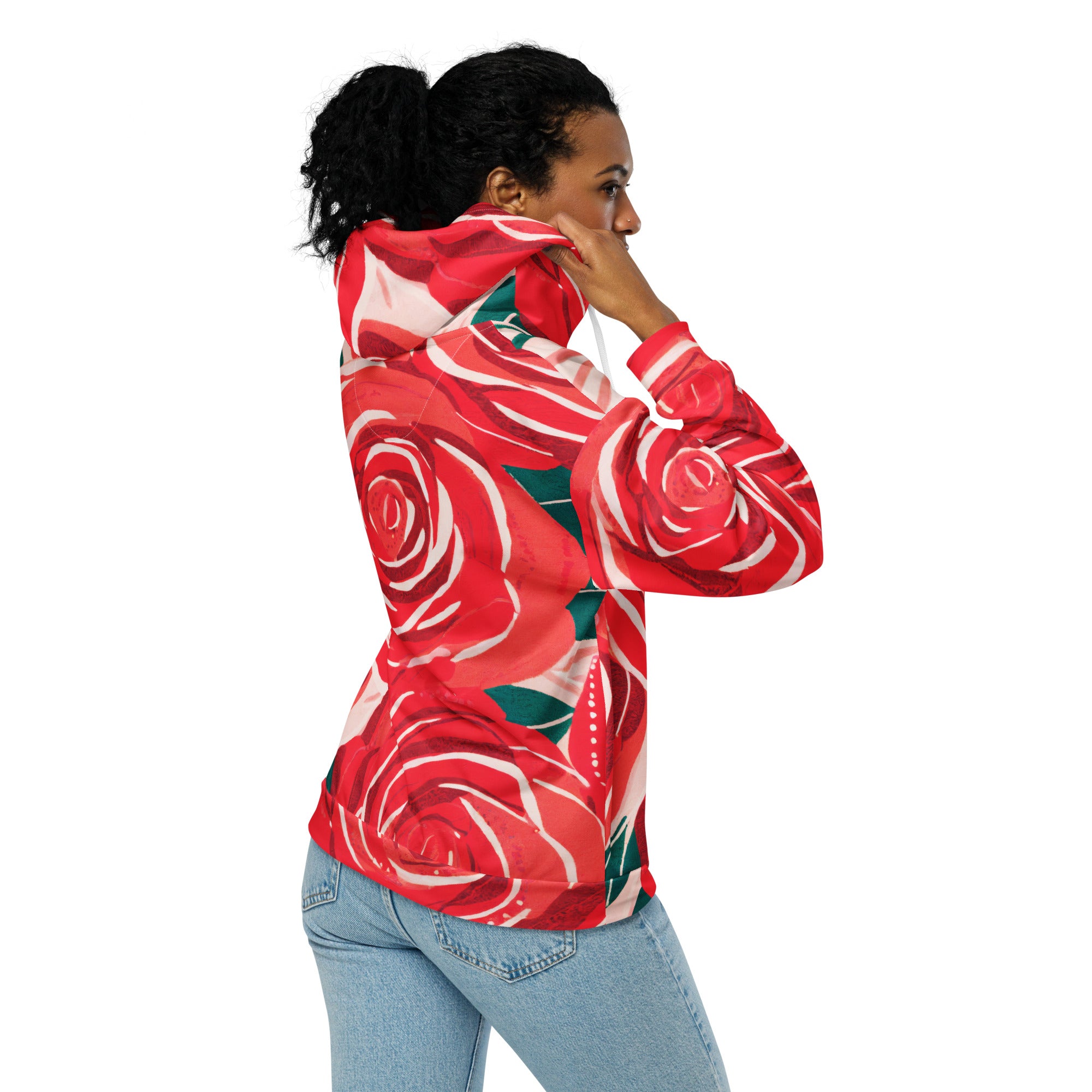 Womens Graphic Zip Hoodie in Rustic Red Roses featuring a soft fabric, double-lined hood, and stylish rose graphics.