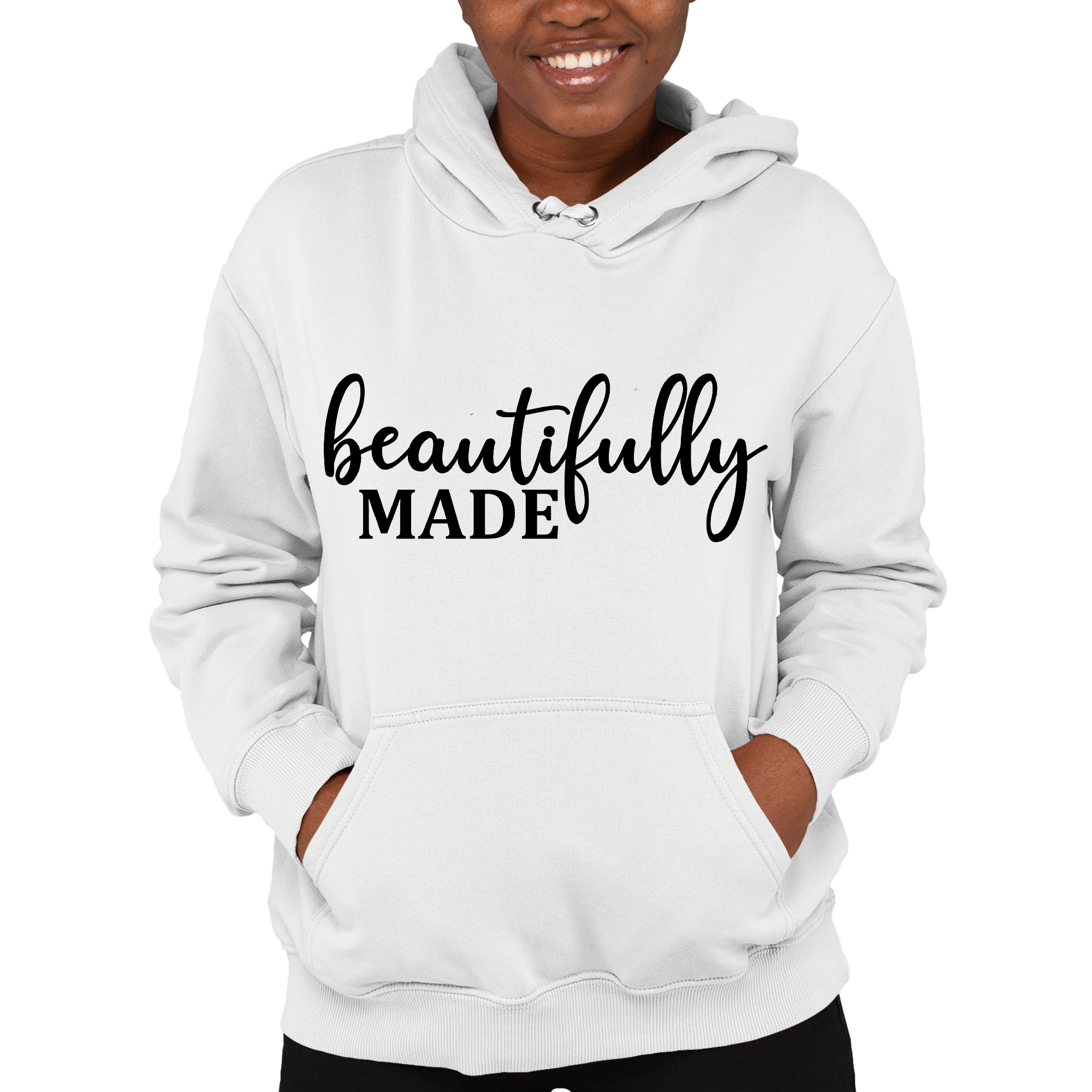 Black women's hoodie featuring an inspirational affirmation design, made from soft cotton-polyester blend with drawstring neckline.