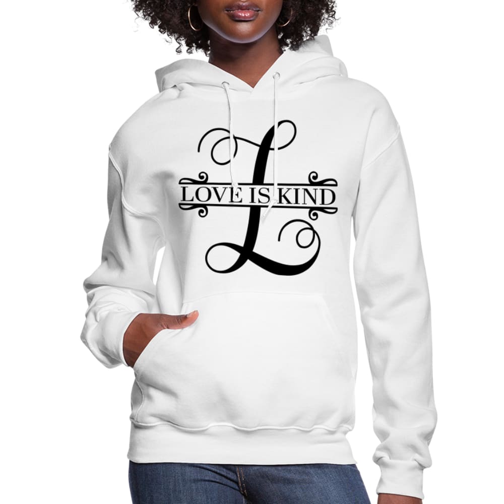 Women's Love is Kind Hoodie in plush fabric with adjustable drawstring hood and ribbed cuffs, perfect for casual wear.