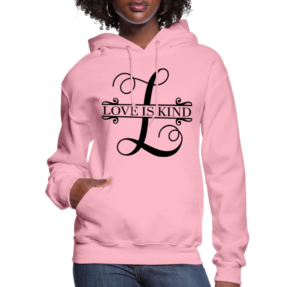 Women's Love is Kind Hoodie in plush fabric with adjustable drawstring hood and ribbed cuffs, perfect for casual wear.