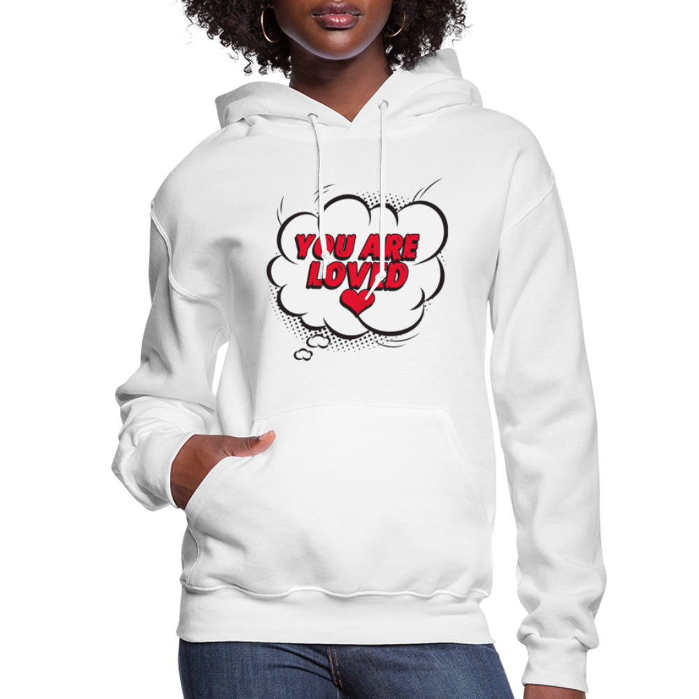 A cozy women's pullover hoodie in a soft fabric, featuring an adjustable drawstring hood and ribbed cuffs, with the uplifting message 'you are Loved'.