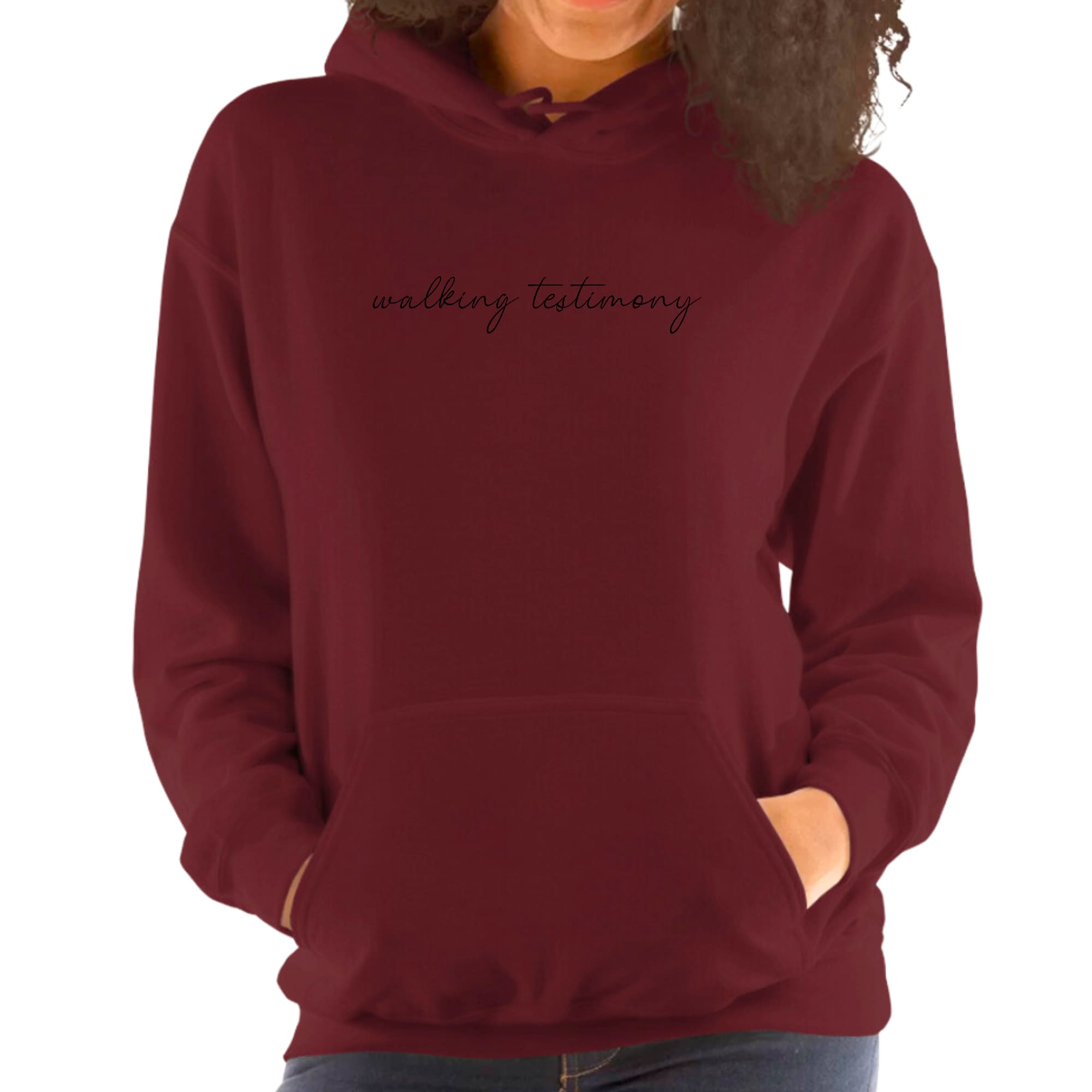 Black Women's Hoodie with 'Say it Soul' Walking Testimony illustration, showcasing a stylish and inspirational design.