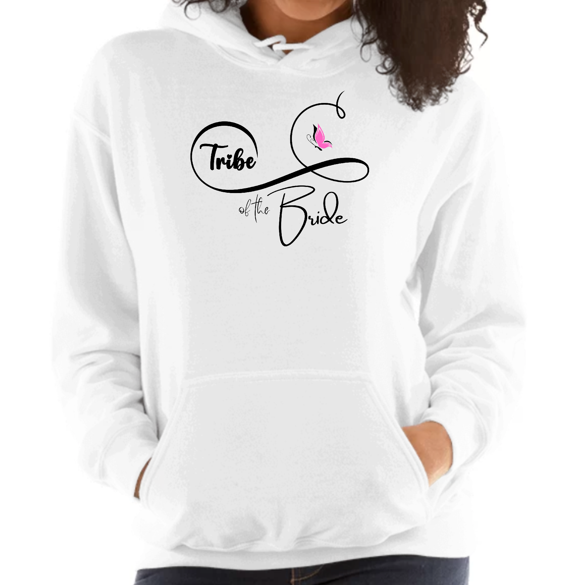 A stylish women's hoodie featuring a butterfly illustration with the text 'Tribe of the Bride', perfect for bridal parties.