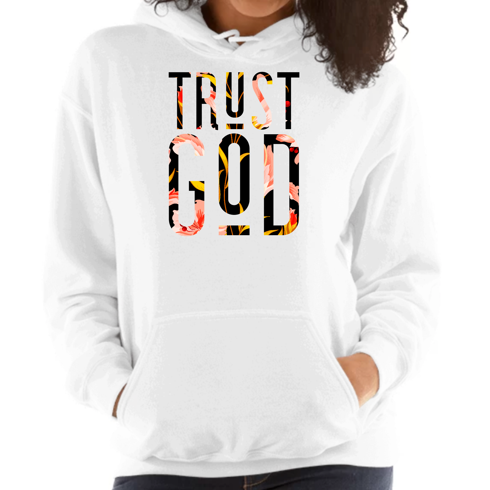 Womens hoodie featuring a Trust God floral print, showcasing vibrant colors and a stylish design, perfect for casual wear.