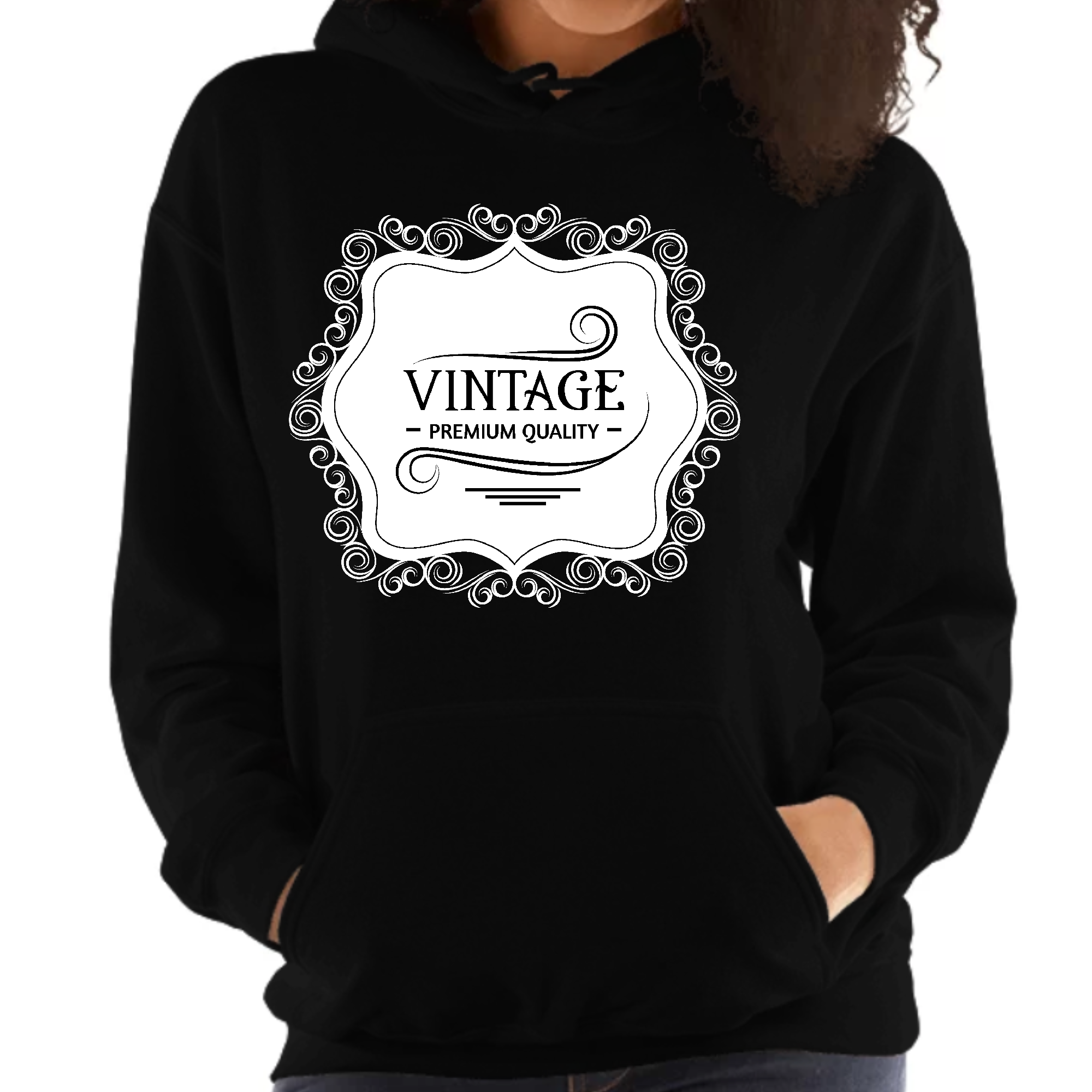 A stylish women's vintage hoodie featuring a unique black illustration on a white background, showcasing its premium quality and comfortable fit.