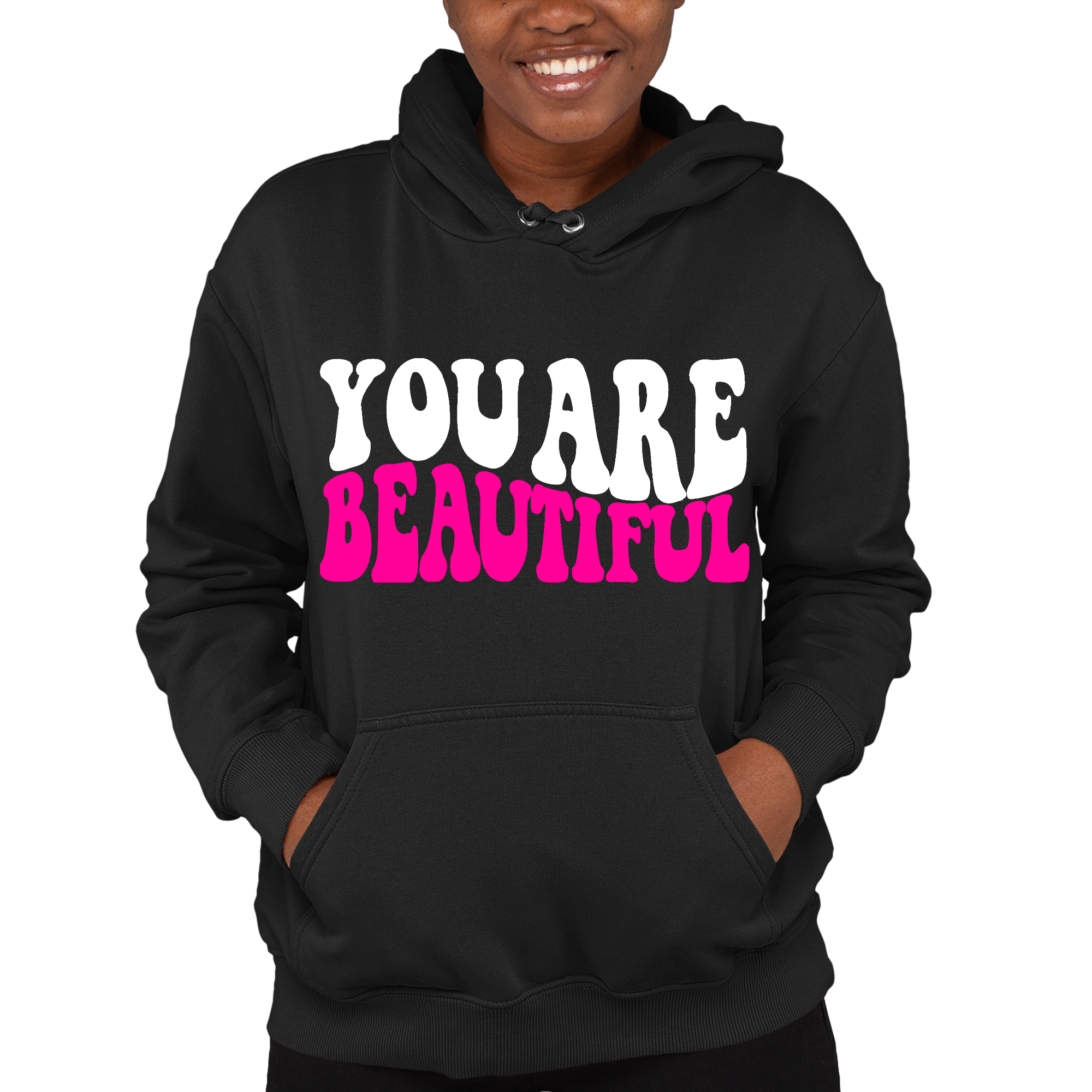 A stylish women's hoodie in pink and white featuring the affirmation 'You Are Beautiful' in a retro wavy design, perfect for casual wear.