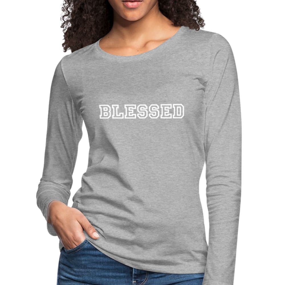 Womens Long Sleeve Graphic Tee in heather gray with a Blessed Print design, showcasing its soft fabric and stylish fit.