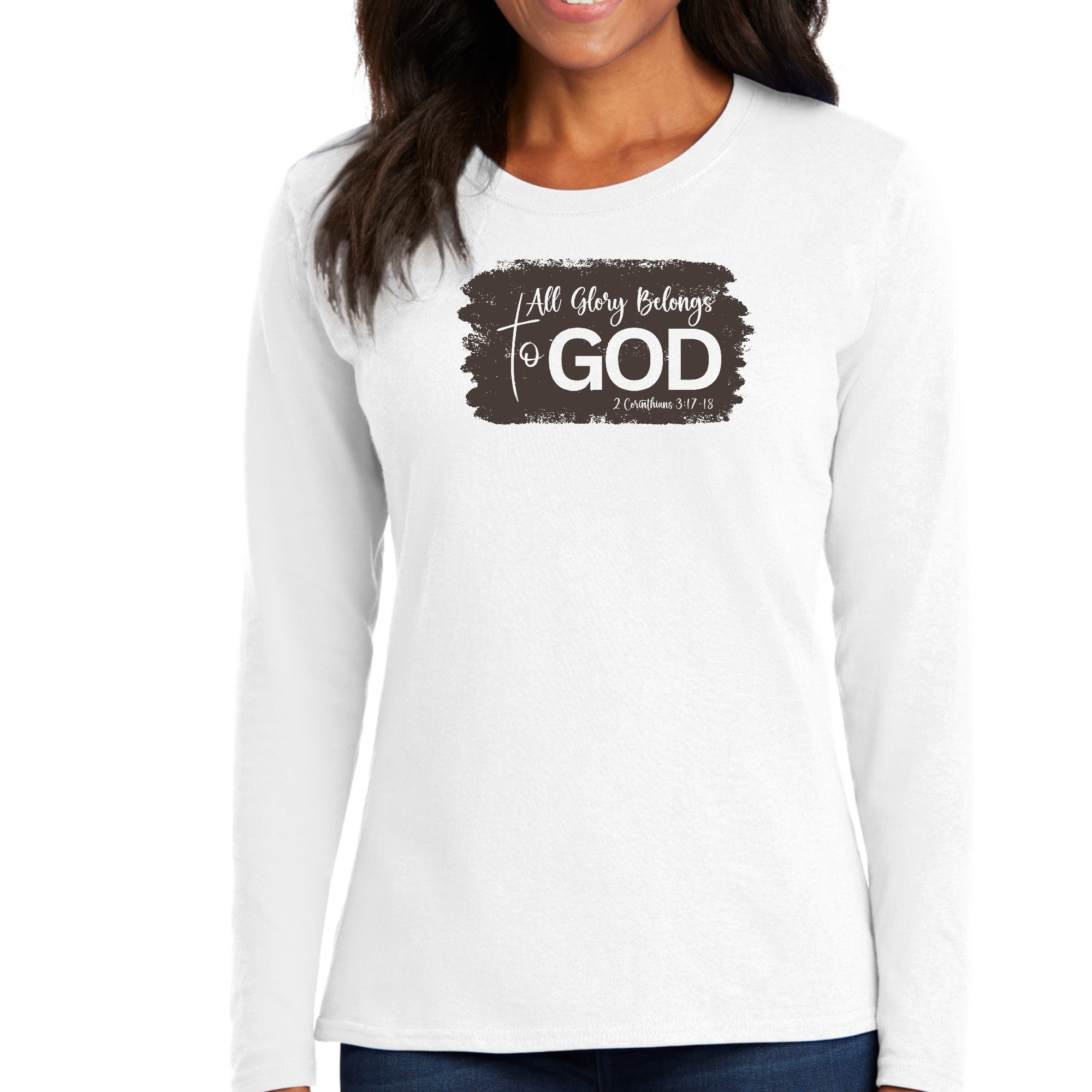 Women's Long Sleeve Graphic T-shirt in brown featuring 'All Glory Belongs to God' illustration, perfect for casual wear.