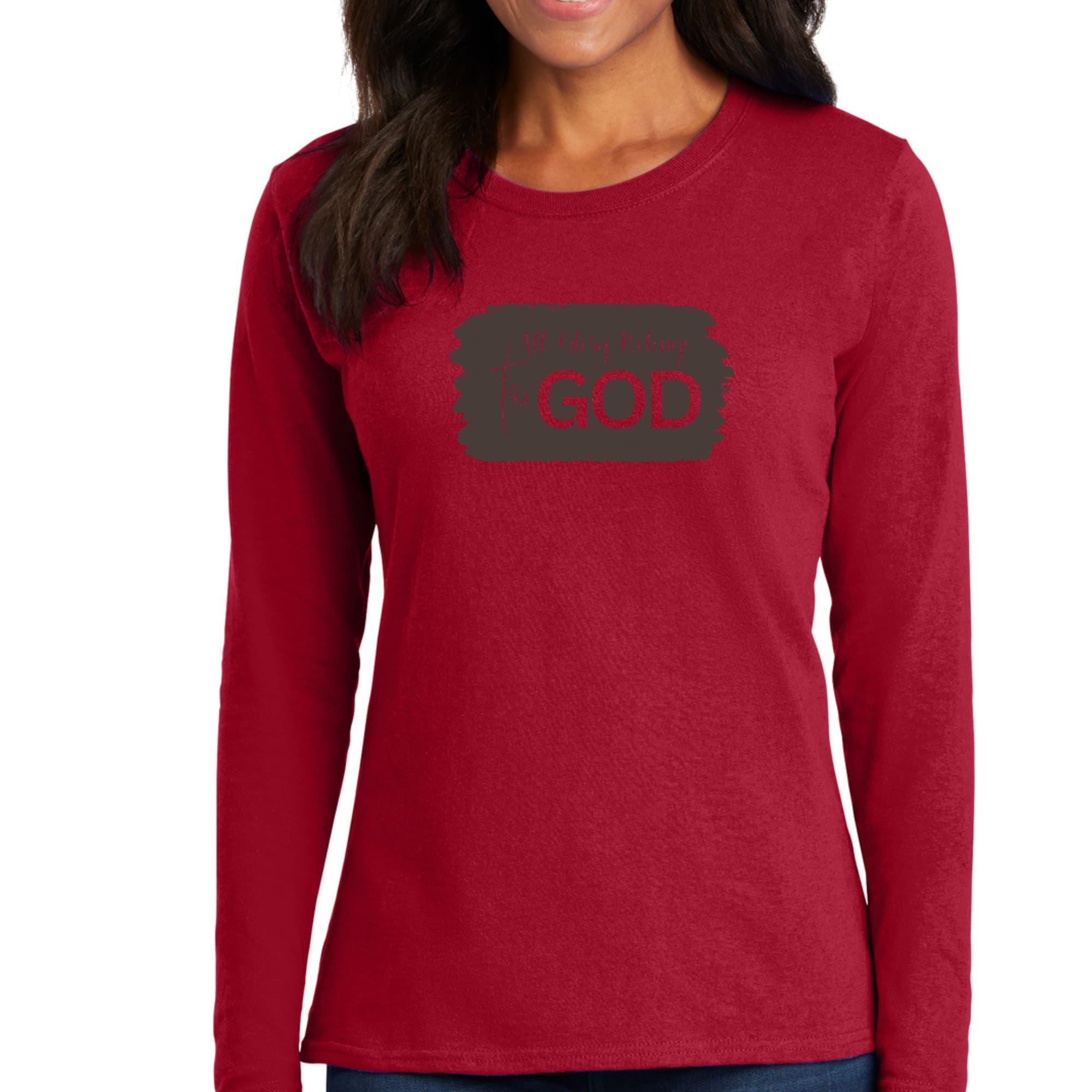 Women's Long Sleeve Graphic T-shirt in brown featuring 'All Glory Belongs to God' illustration, perfect for casual wear.