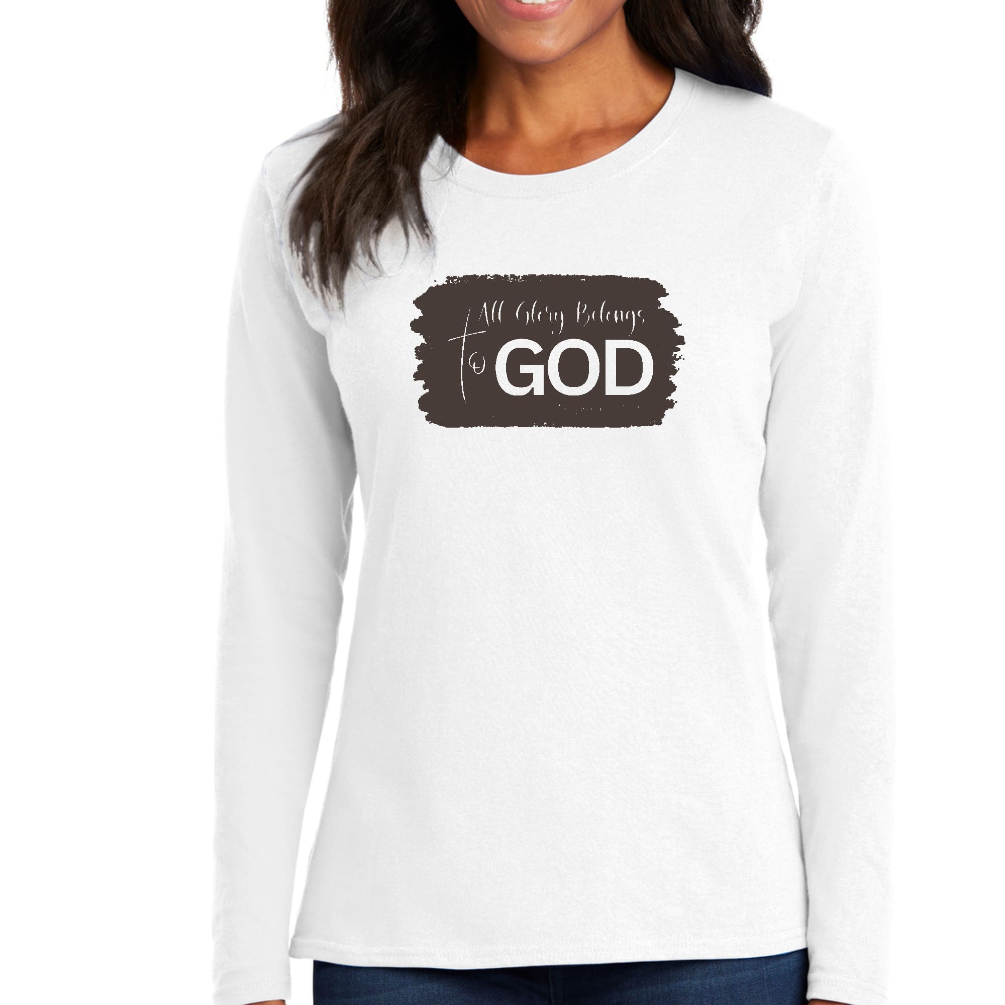 Women's Long Sleeve Graphic T-shirt in brown featuring 'All Glory Belongs to God' illustration, perfect for casual wear.