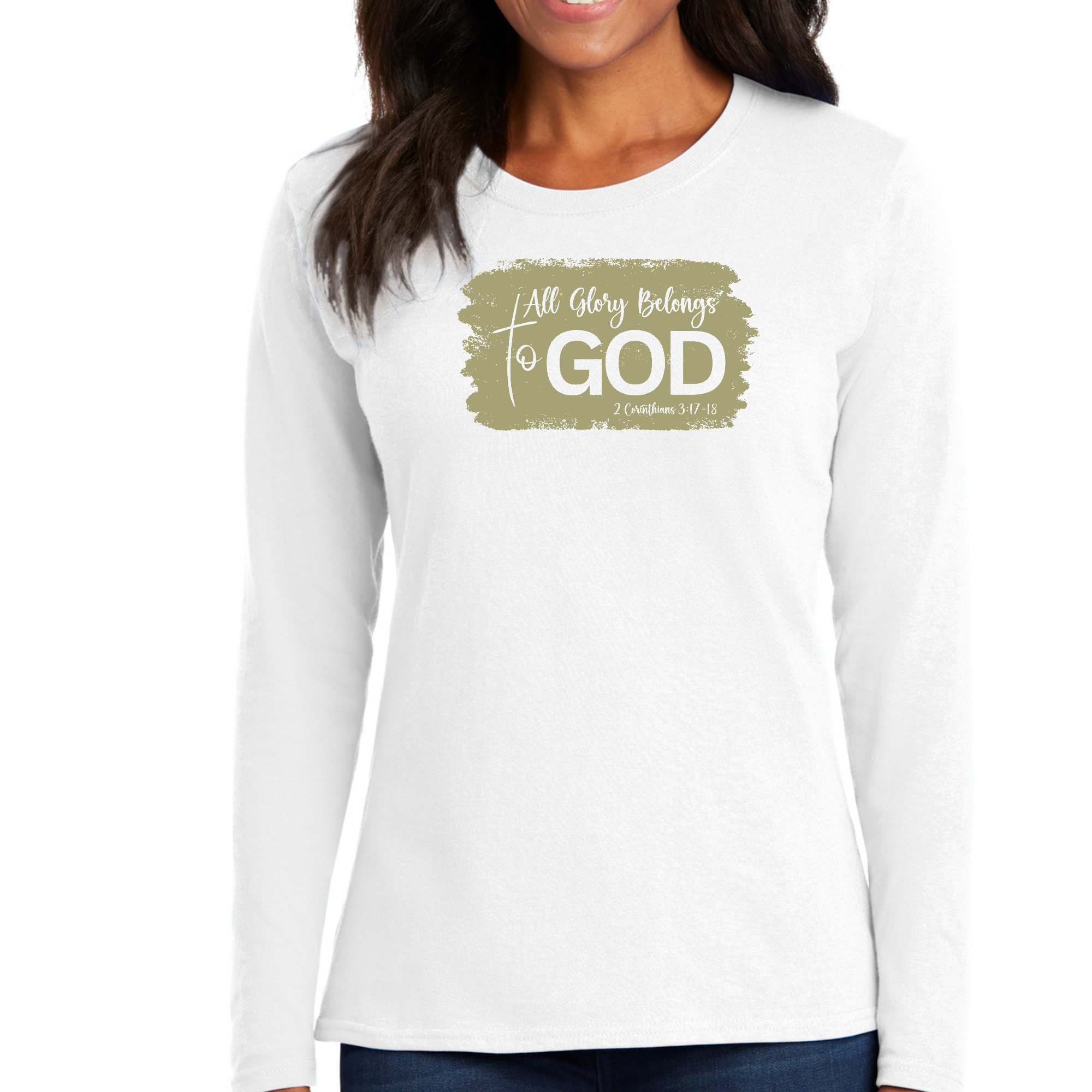Women's Long Sleeve Graphic T-shirt in olive color featuring 'All Glory Belongs to God' design, made from soft cotton fabric.