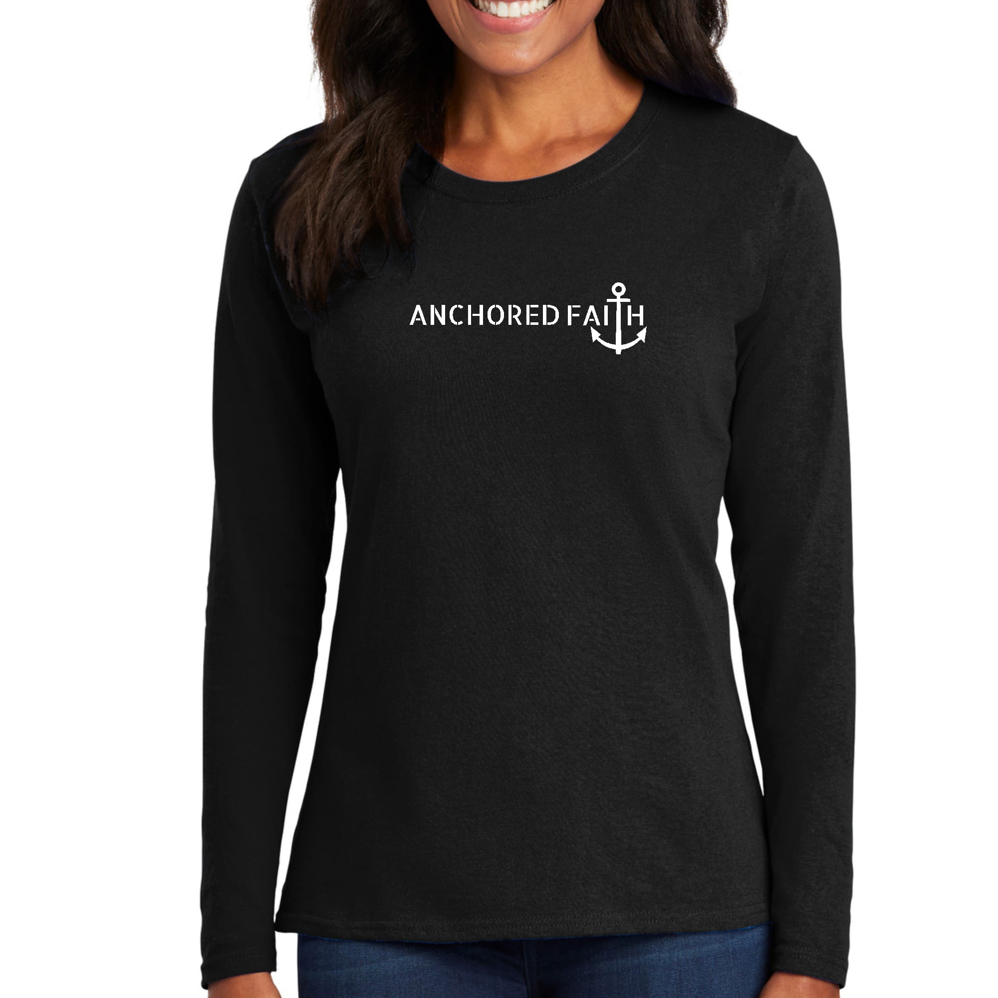 Women's Long Sleeve Graphic T-shirt featuring Anchored Faith print, showcasing a soft cotton fabric and classic fit.