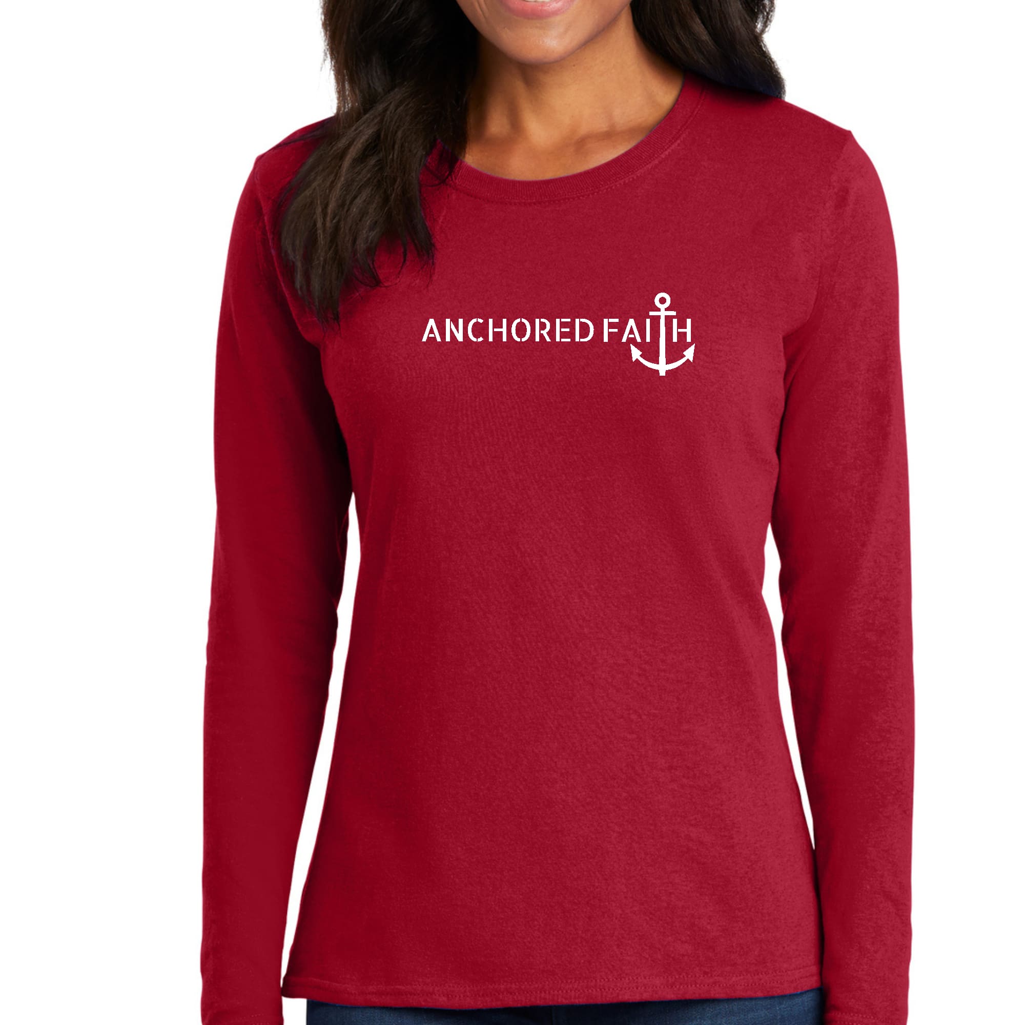 Women's Long Sleeve Graphic T-shirt featuring Anchored Faith print, showcasing a soft cotton fabric and classic fit.