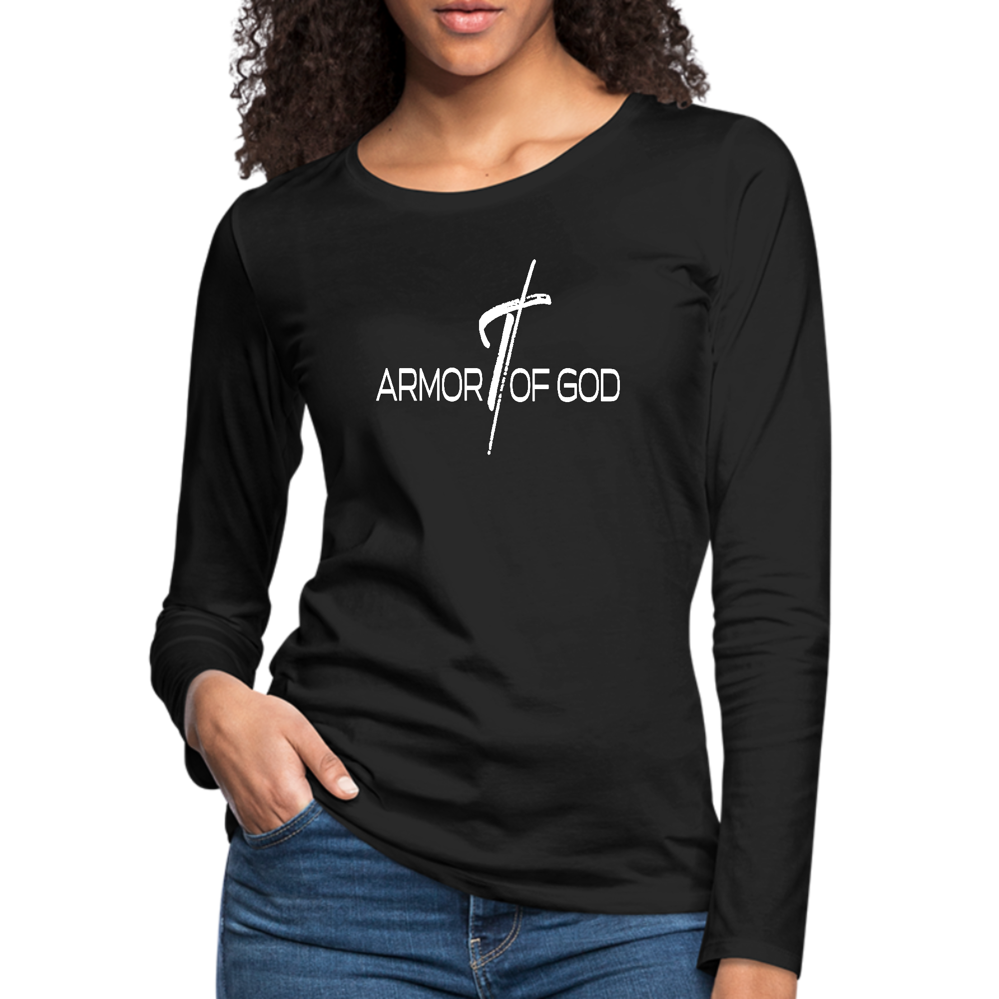 Women's Long Sleeve Graphic T-shirt featuring Armor of God design, made from soft preshrunk cotton for comfort and durability.