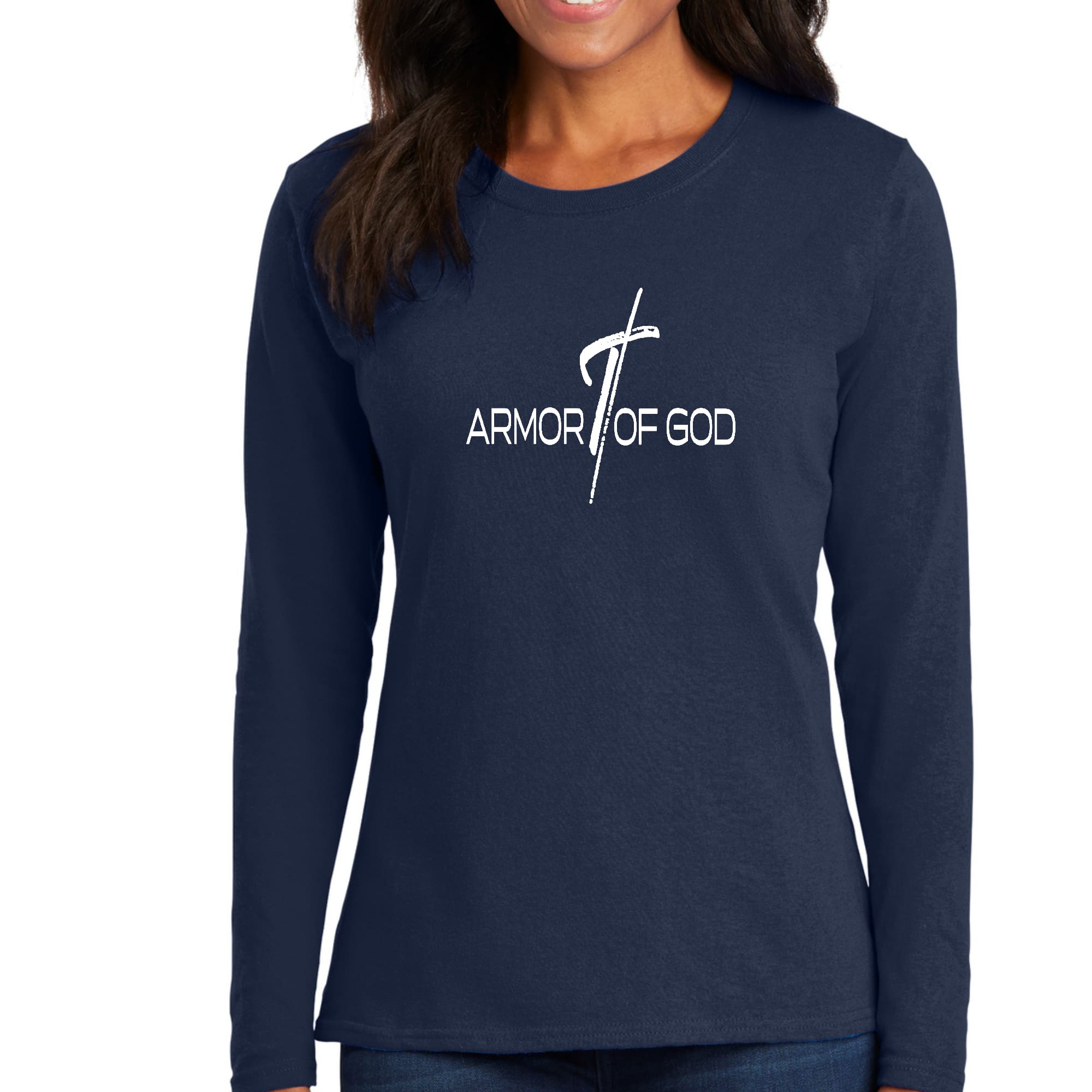 Women's Long Sleeve Graphic T-shirt featuring Armor of God design, made from soft preshrunk cotton for comfort and durability.