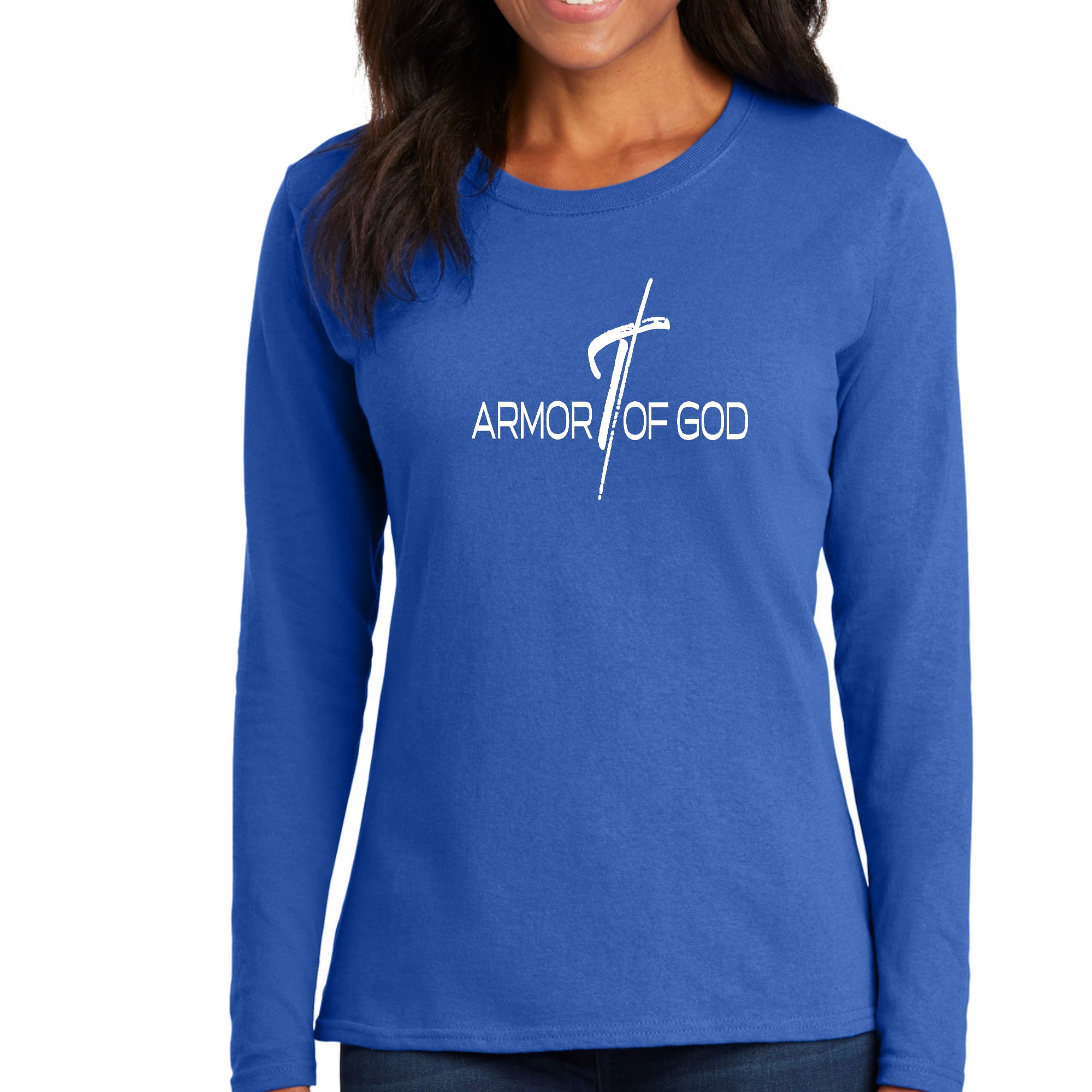 Women's Long Sleeve Graphic T-shirt featuring Armor of God design, made from soft preshrunk cotton for comfort and durability.