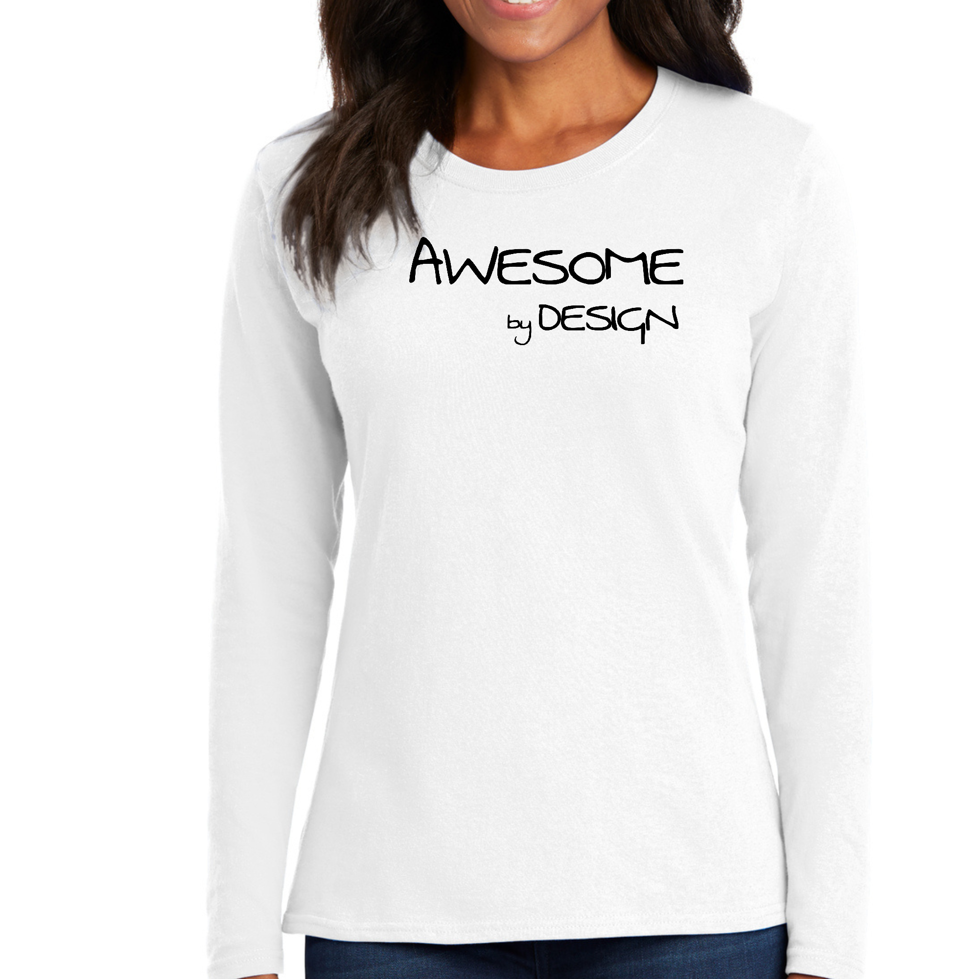 Womens Long Sleeve Graphic T-shirt in black with Awesome by Design print, showcasing a stylish and comfortable design.