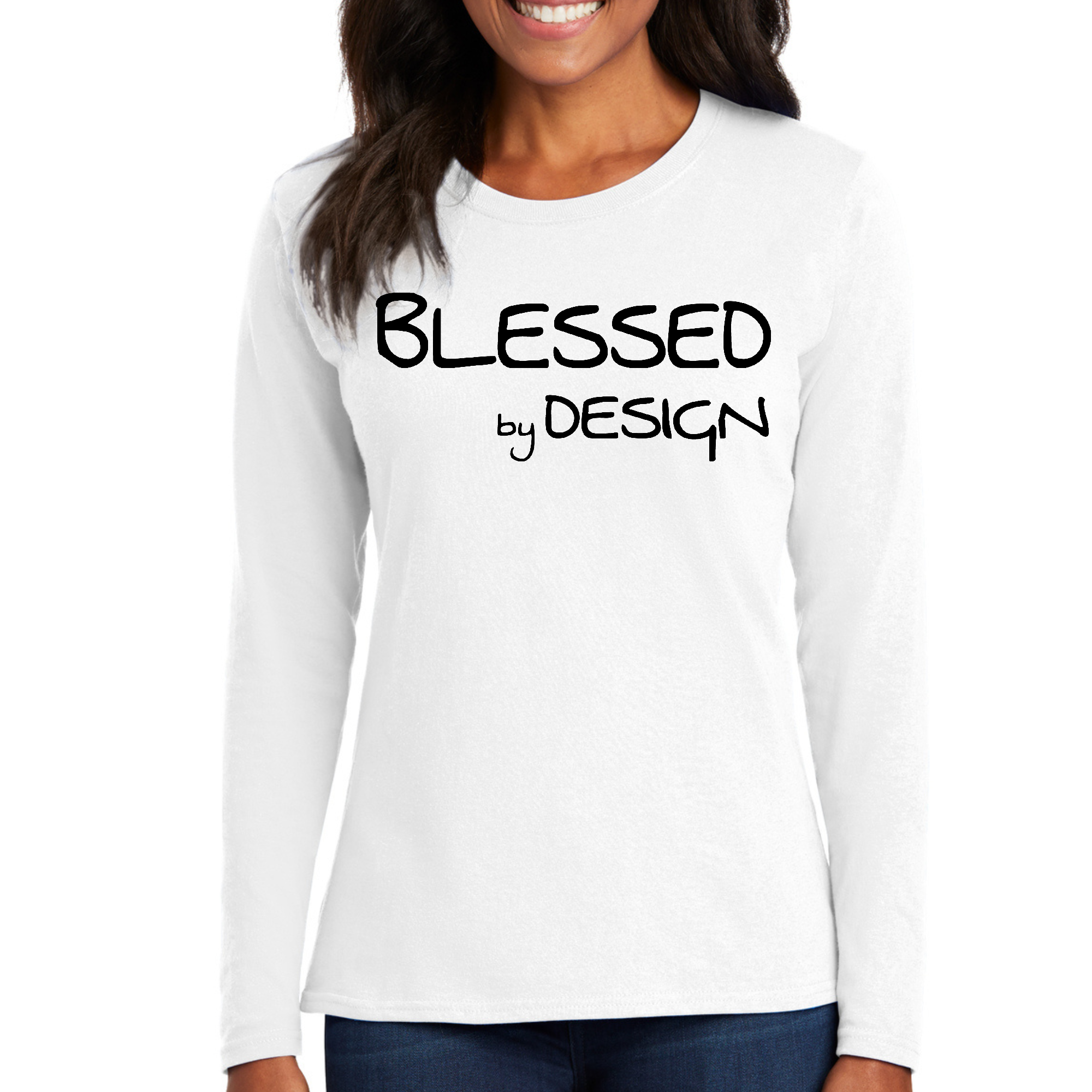 Womens Long Sleeve Graphic T-shirt in black featuring the inspirational phrase 'Blessed by Design' printed on the front.