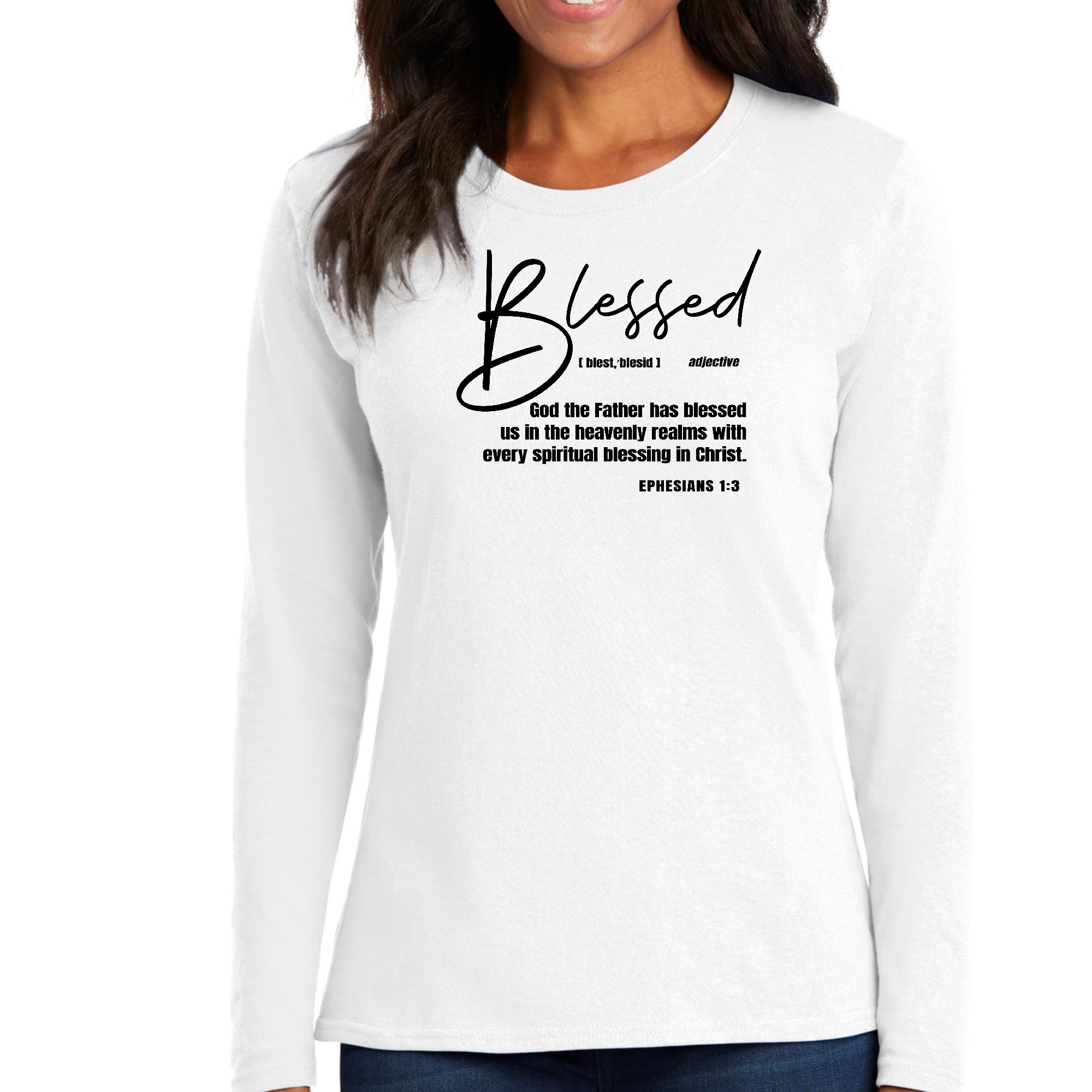 Women's long sleeve graphic t-shirt featuring 'Blessed in Christ' illustration in black, made from soft cotton fabric.