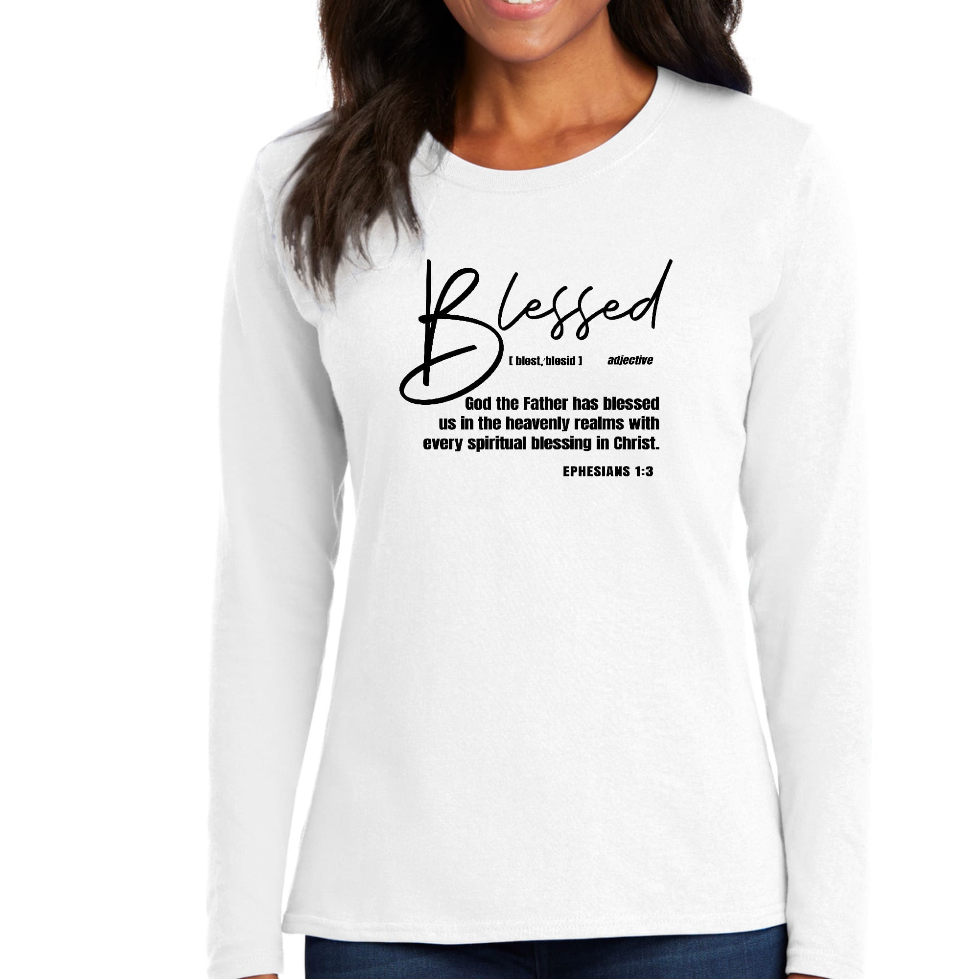 Women's long sleeve graphic t-shirt featuring 'Blessed in Christ' illustration in black, made from soft cotton fabric.