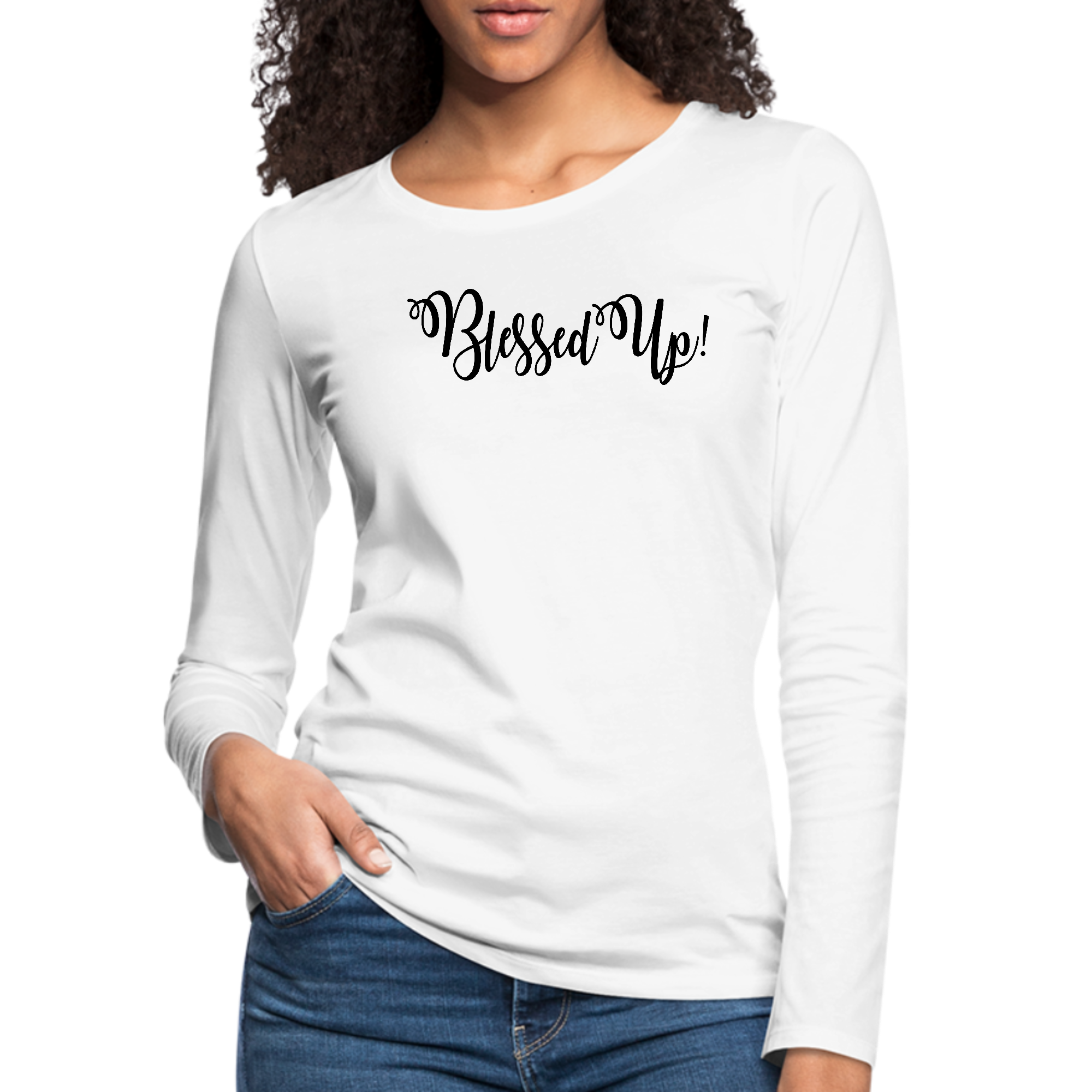 Black women's long sleeve graphic t-shirt featuring the Blessed Up motivational quote, made from soft preshrunk cotton.