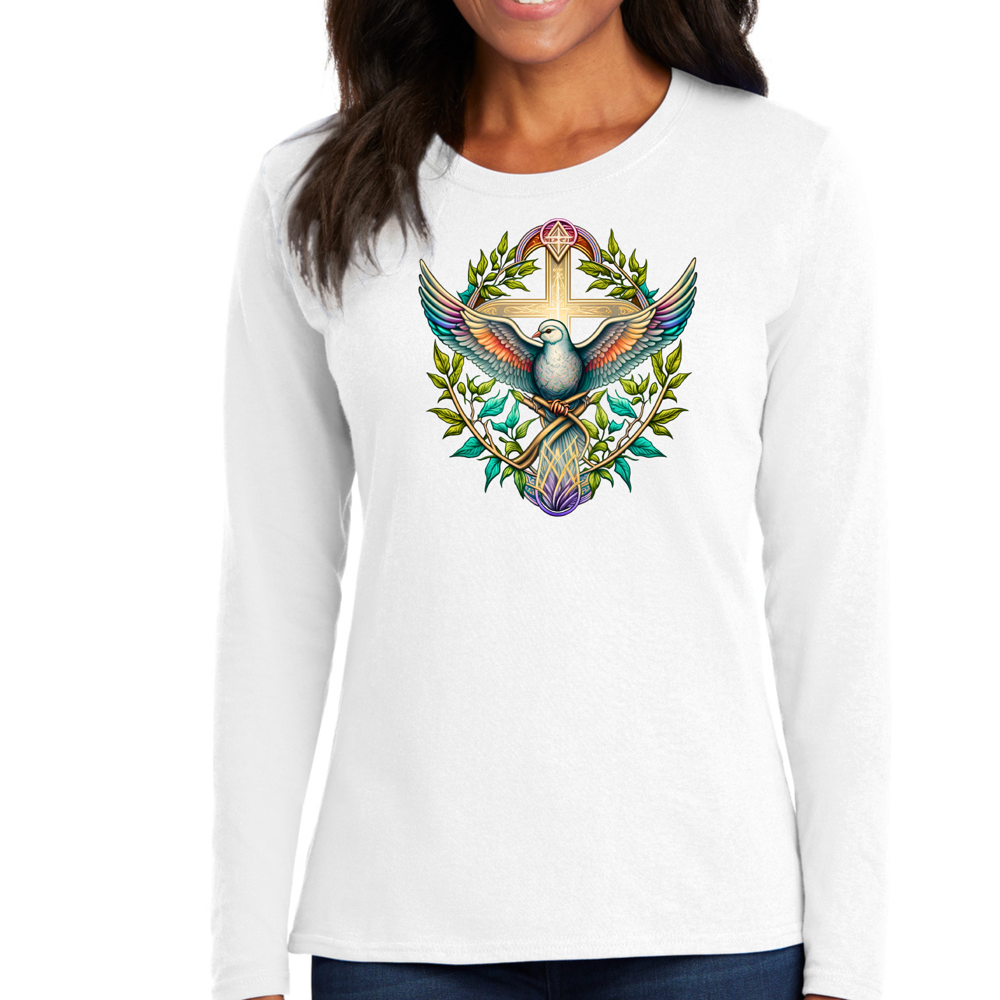 Womens Long Sleeve Graphic T-shirt in blue green multicolor with dove floral illustration, showcasing a stylish and comfortable design.
