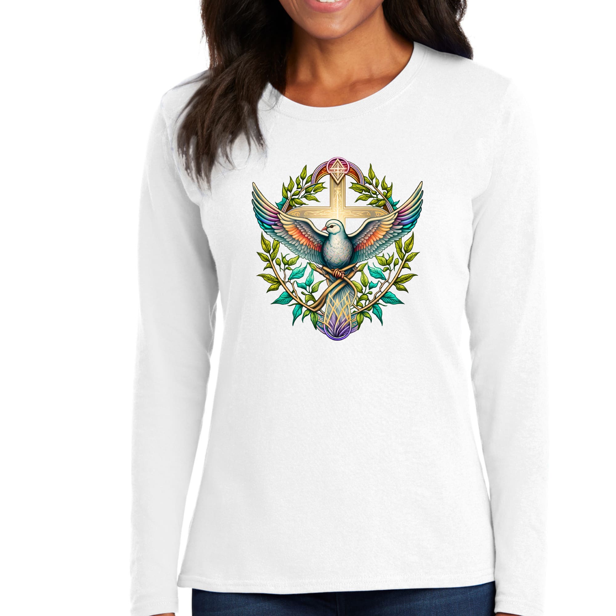 Womens Long Sleeve Graphic T-shirt in blue green multicolor with dove floral illustration, showcasing a stylish and comfortable design.