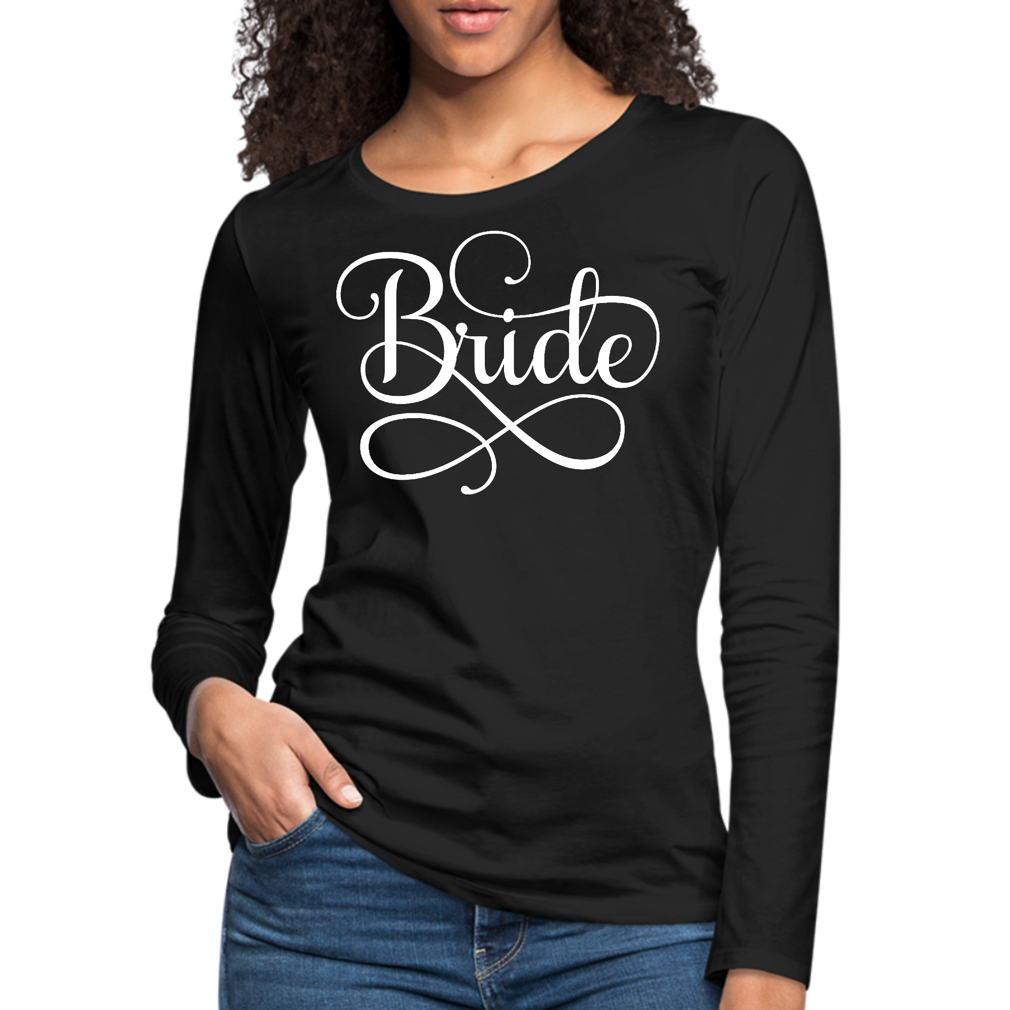 Women's long sleeve graphic t-shirt designed for brides, featuring soft cotton material and stylish print.